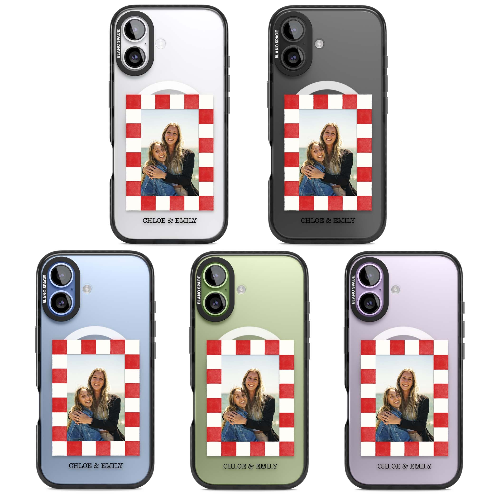 Red Check Photo personalised photo iPhone case with red and white checkered polaroid frame and custom couple name | Black Impact Magsafe case for iPhone 17