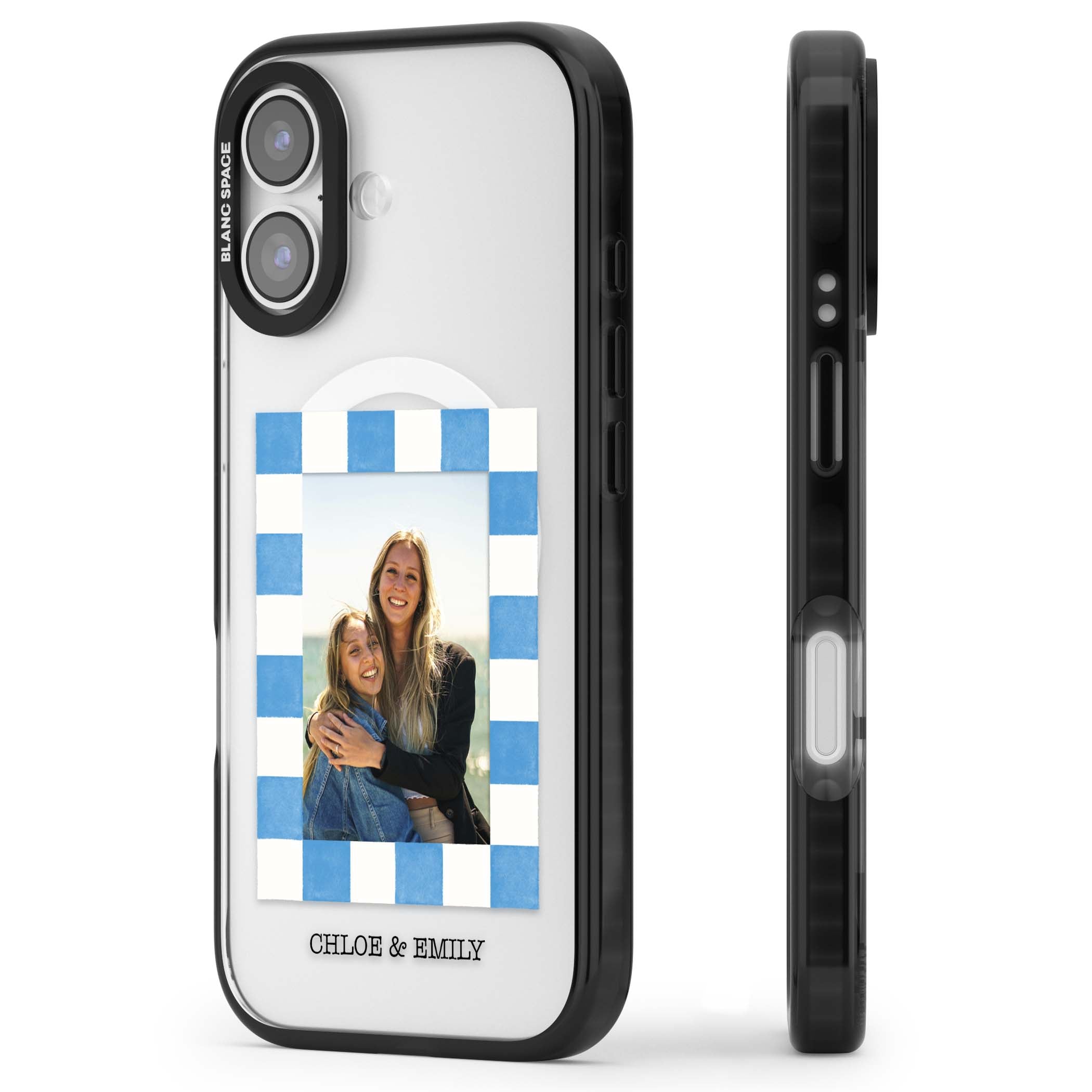 Blue Check Photo personalised photo iPhone case with blue checkered frame and custom couple names | Black Impact Magsafe case for iPhone 17