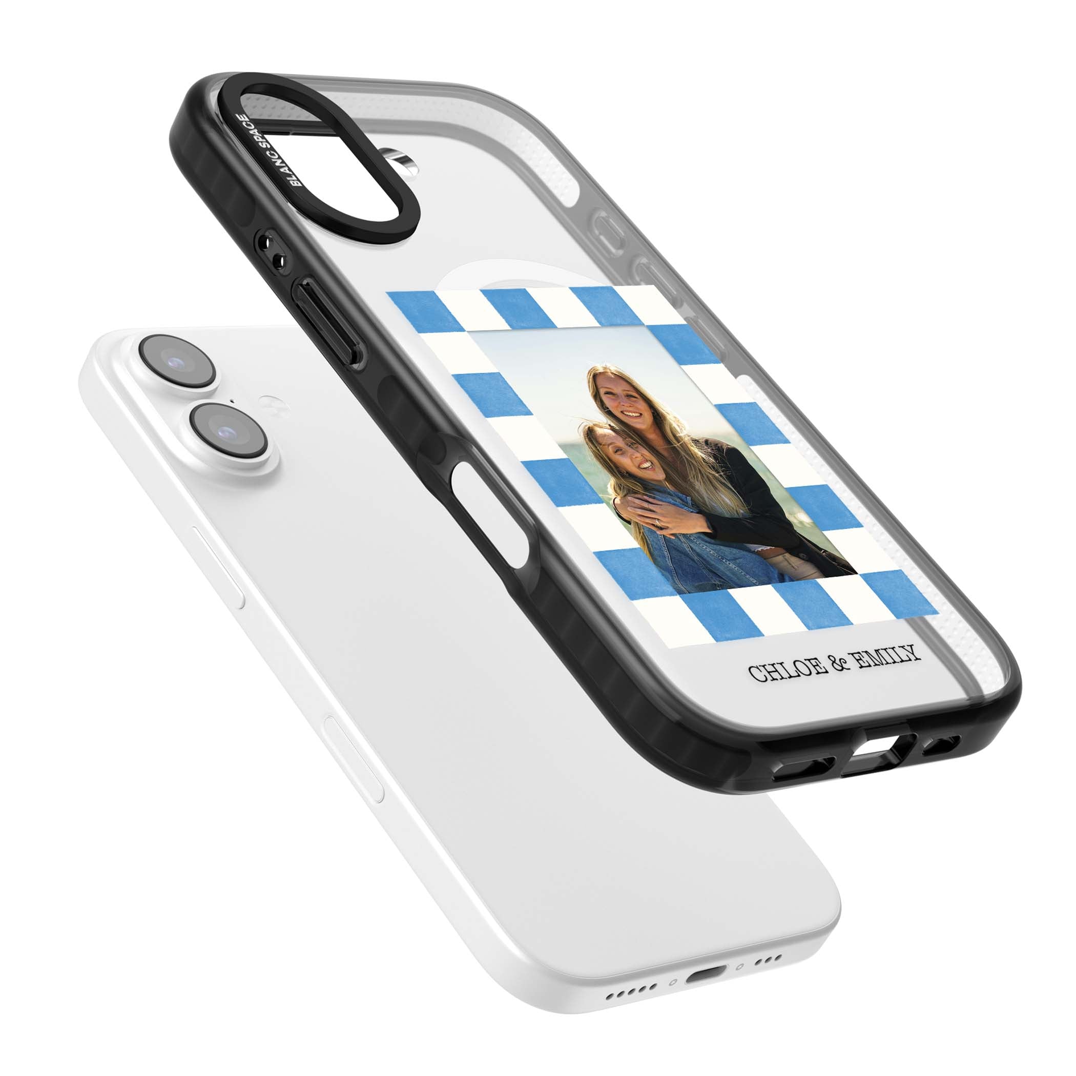 Blue Check Photo personalised photo iPhone case with blue checkered frame and custom couple names | Black Impact Magsafe case for iPhone 17