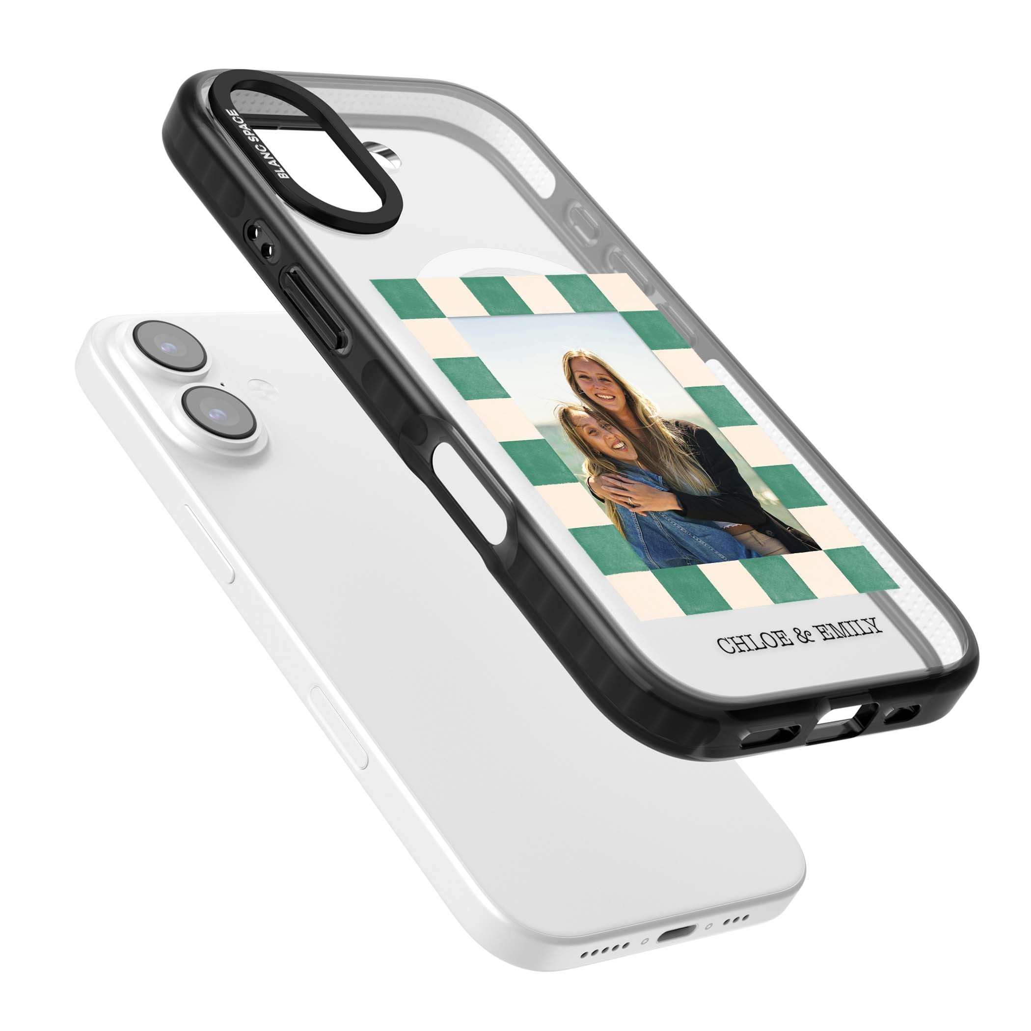 Seafoam Check Photo personalised iPhone case featuring a custom polaroid photo, green and cream checkered frame, and custom n | Black Impact Magsafe case for iPhone 17