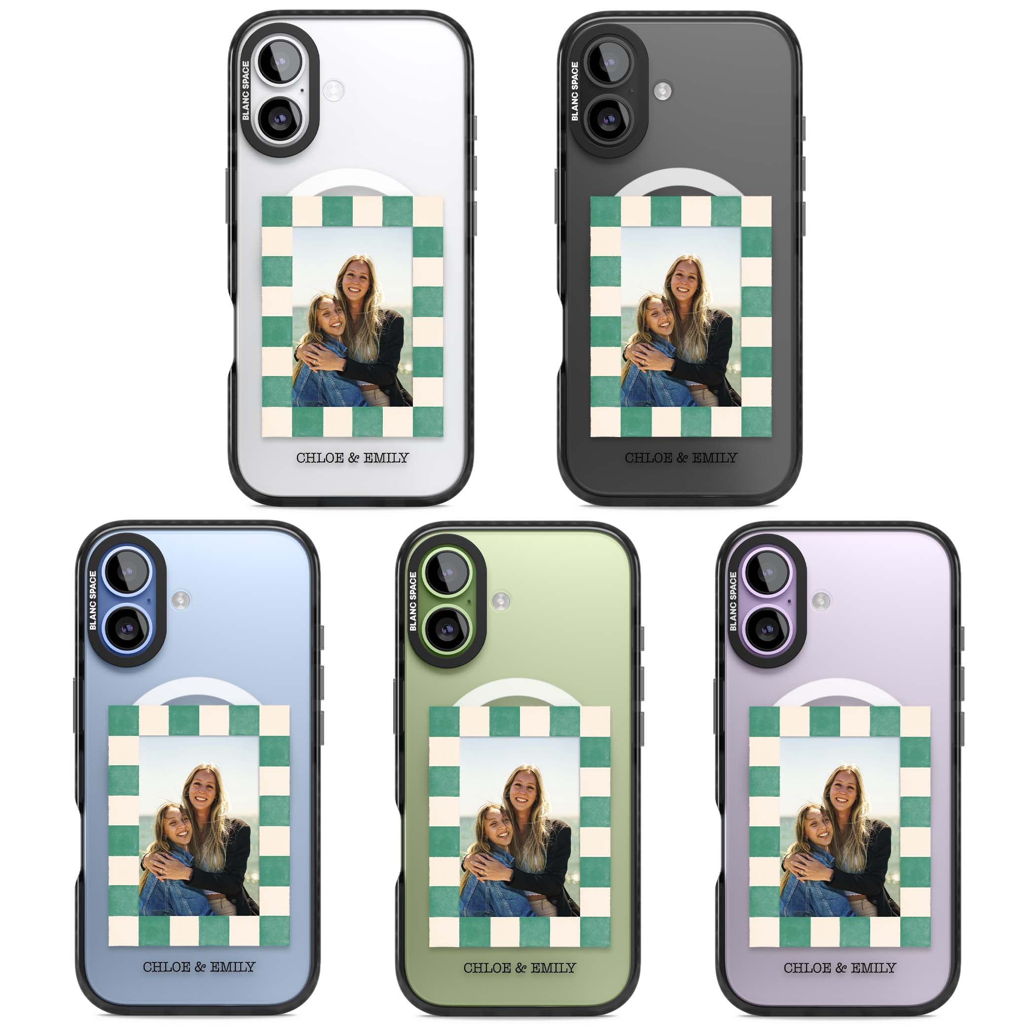Seafoam Check Photo personalised iPhone case featuring a custom polaroid photo, green and cream checkered frame, and custom n | Black Impact Magsafe case for iPhone 17