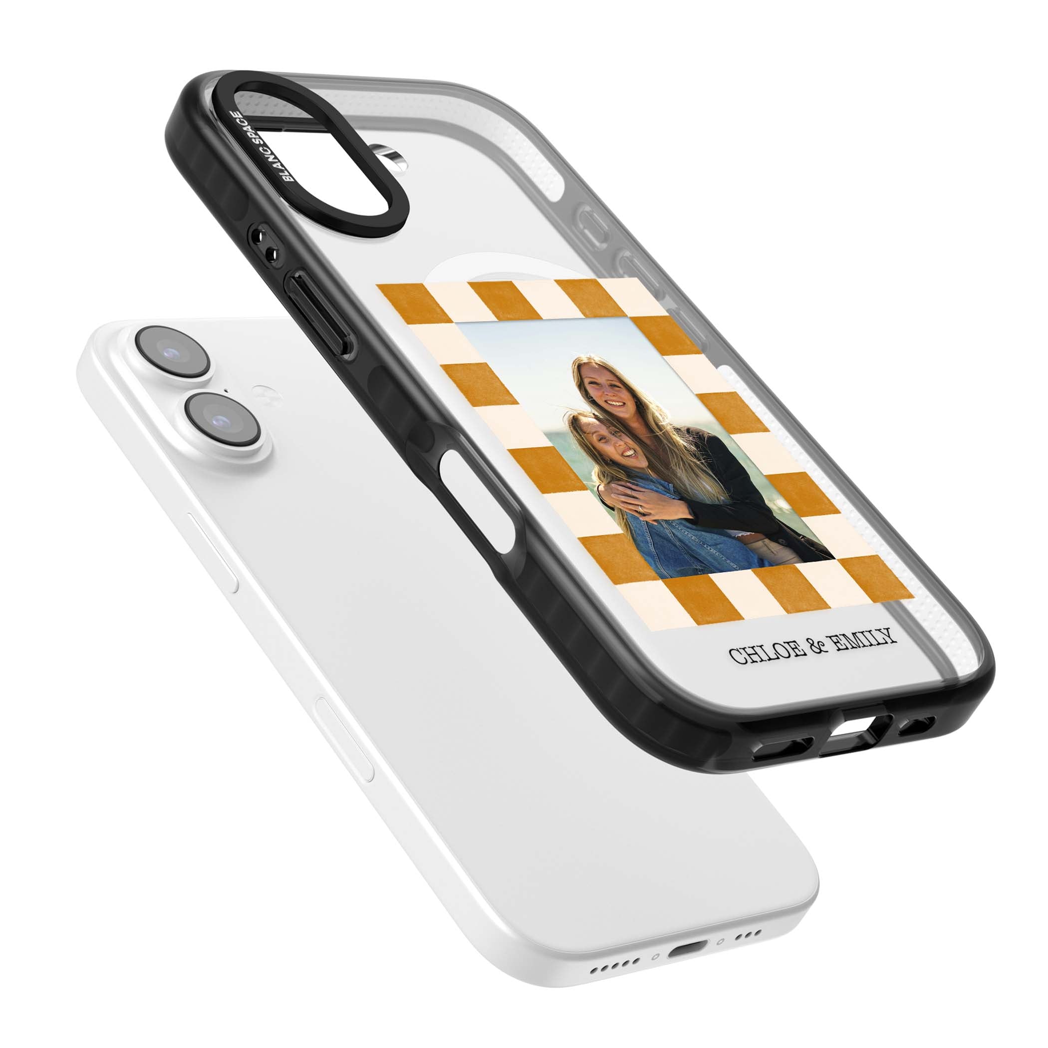 Citrus Check Photo personalised iPhone case with custom photo, orange checkered frame and names underneath | Black Impact Magsafe case for iPhone 17