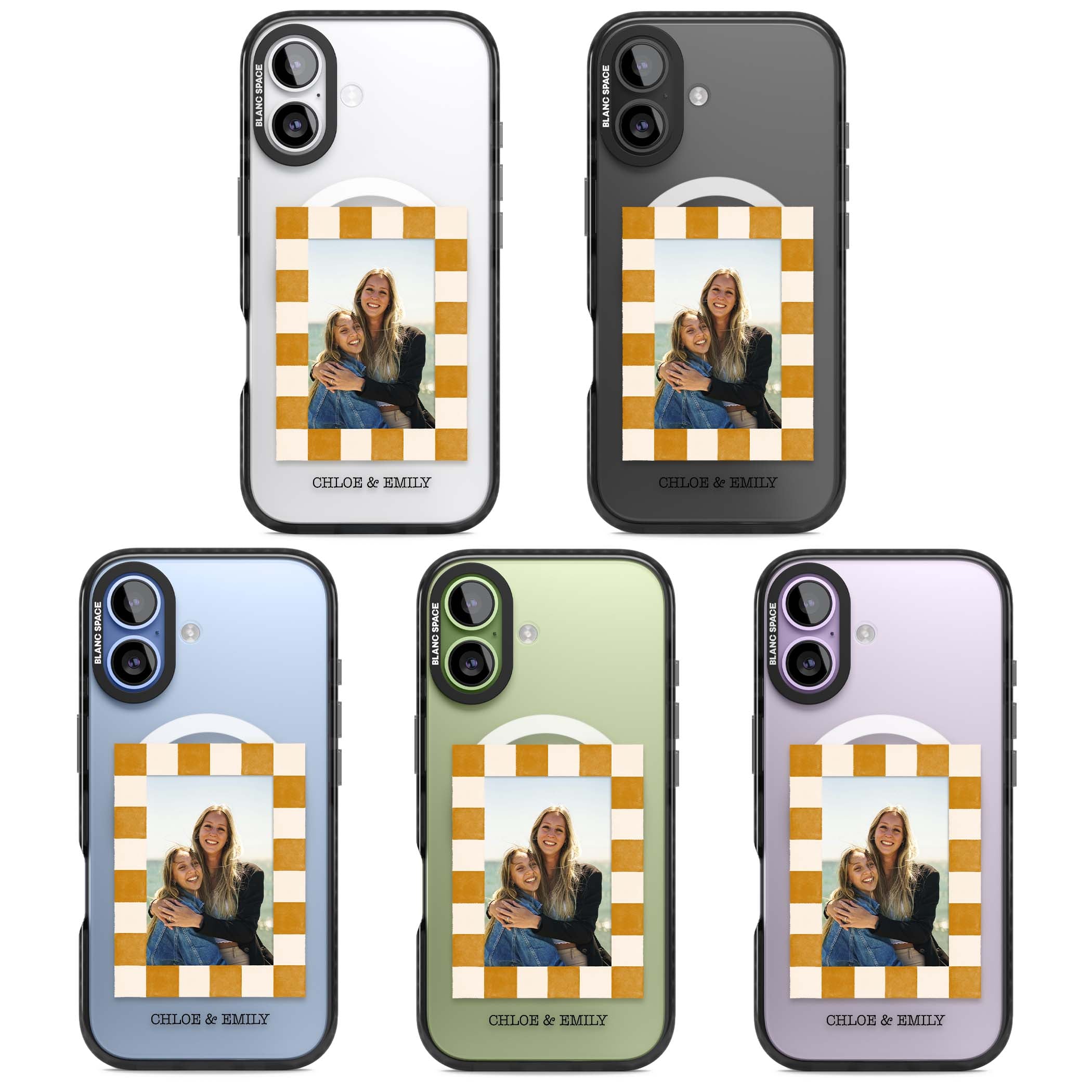 Citrus Check Photo personalised iPhone case with custom photo, orange checkered frame and names underneath | Black Impact Magsafe case for iPhone 17