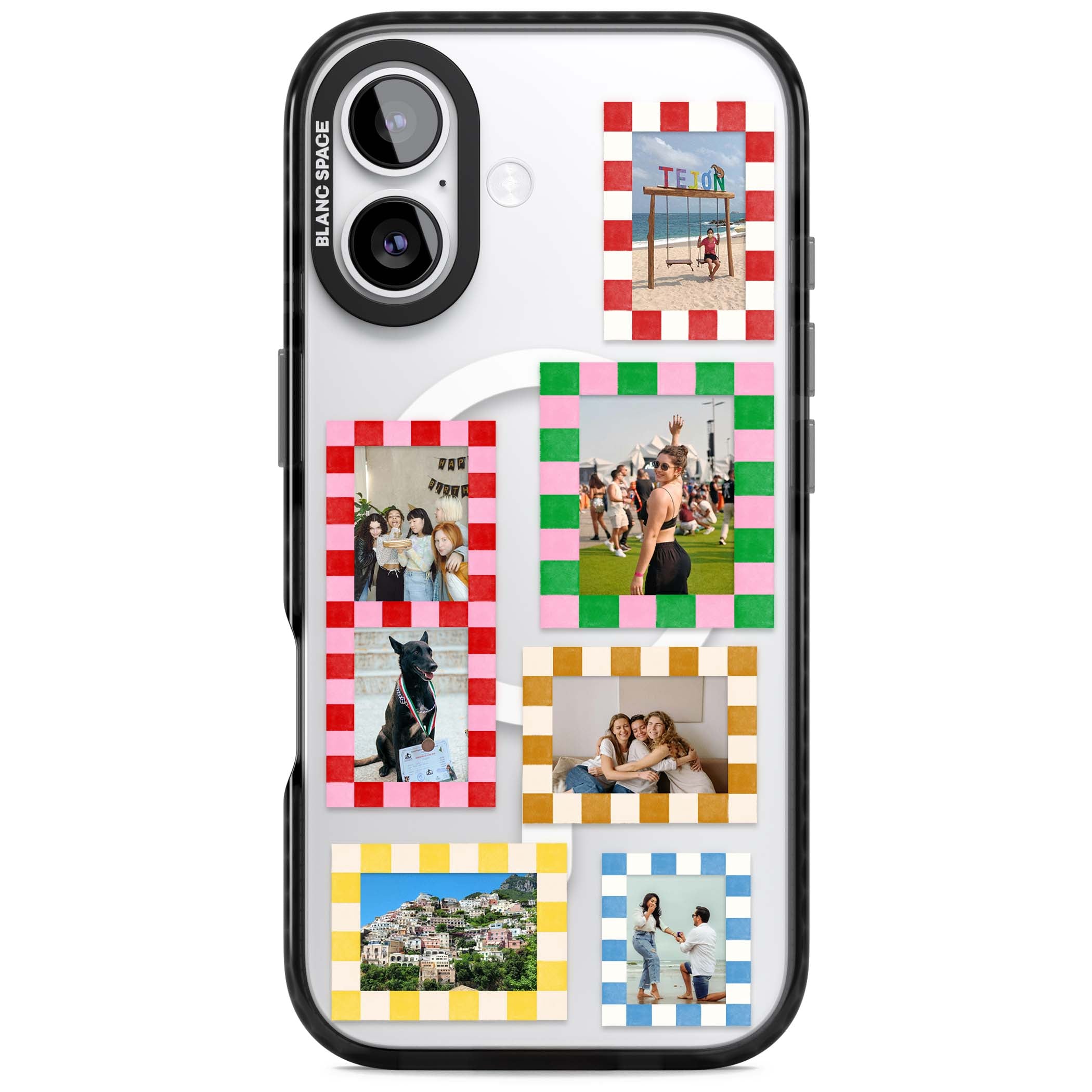 Italian Check Frames custom photo collage iPhone case featuring six checkered photo frames in red, green, pink and | Black Impact Magsafe case for iPhone 17