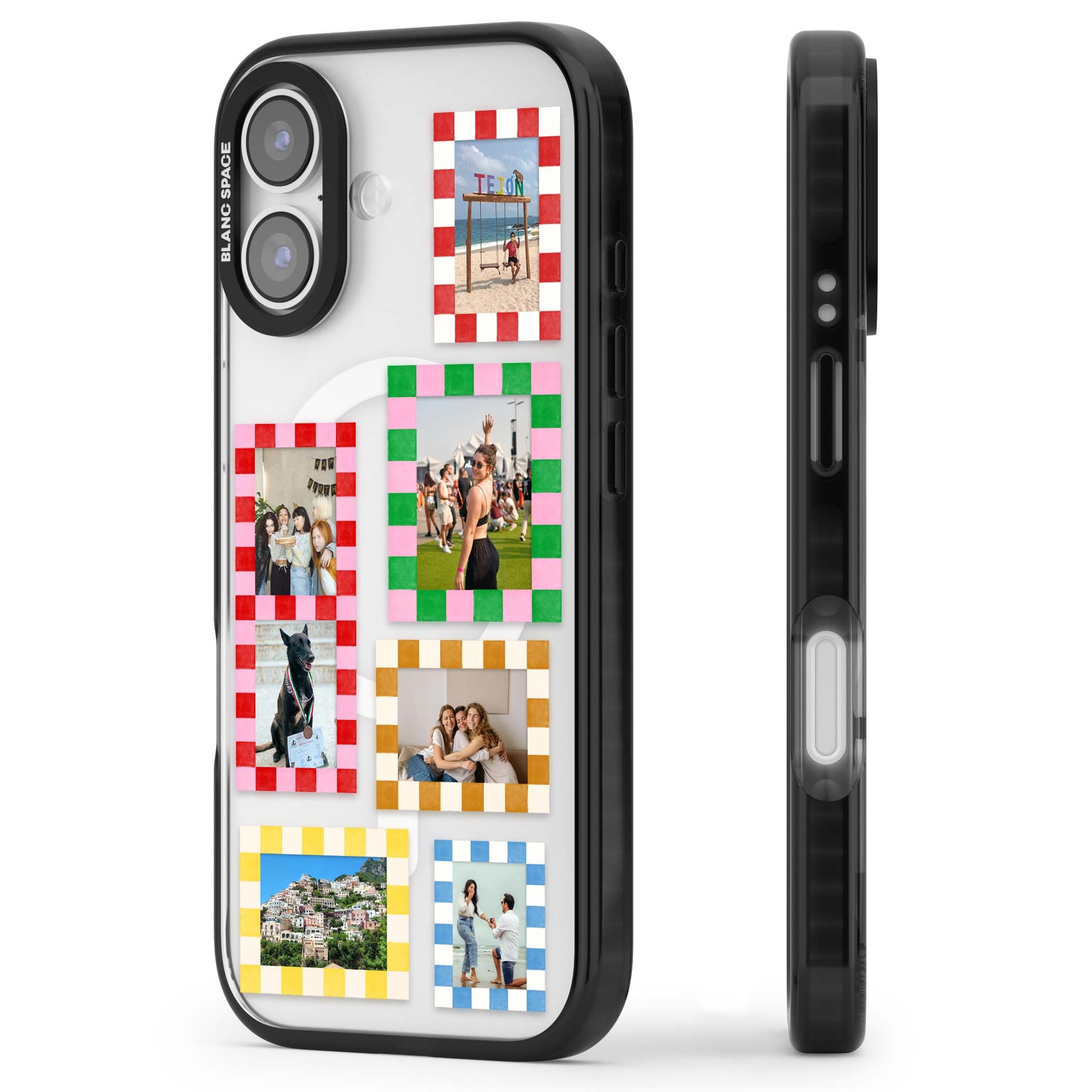Italian Check Frames custom photo collage iPhone case featuring six checkered photo frames in red, green, pink and | Black Impact Magsafe case for iPhone 17