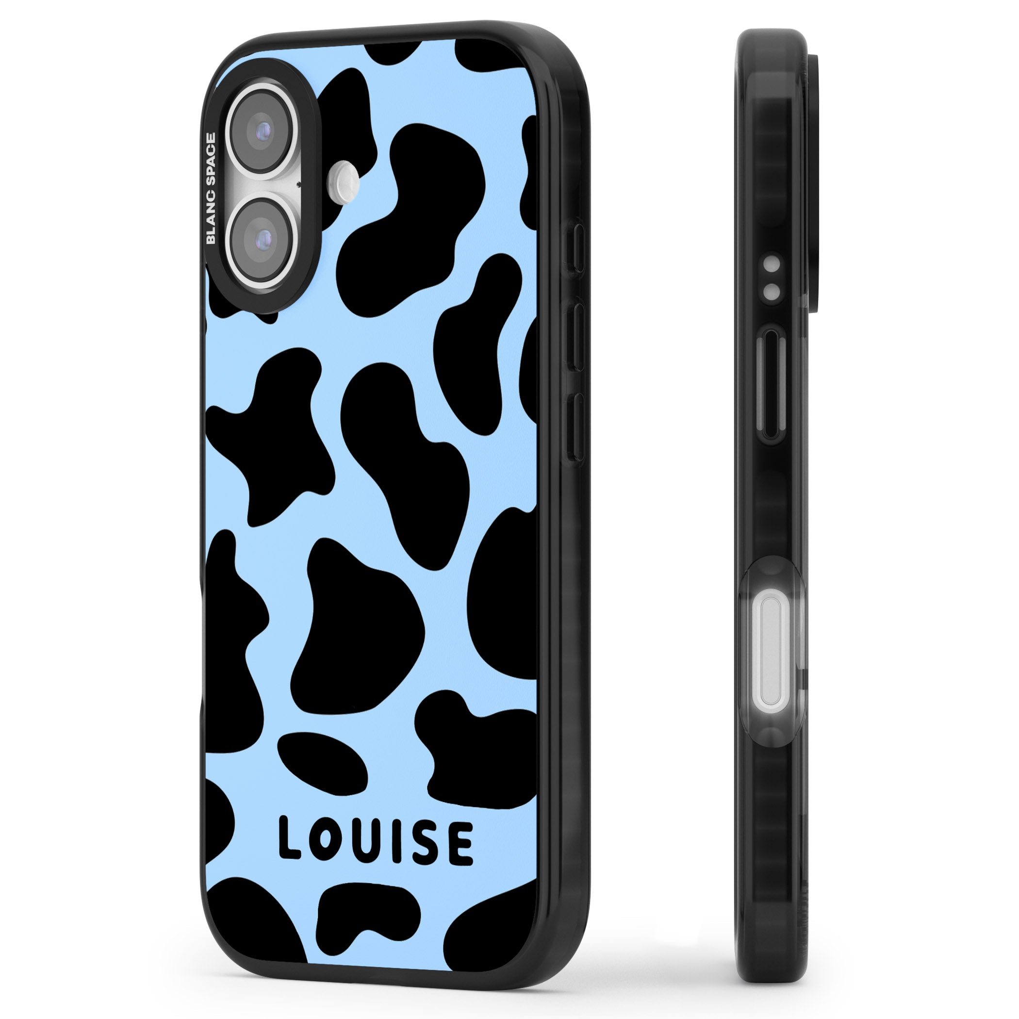 Personalised Blue And Black Cow Print iPhone 17 Impact Pro Black Phone Case Side Profile
