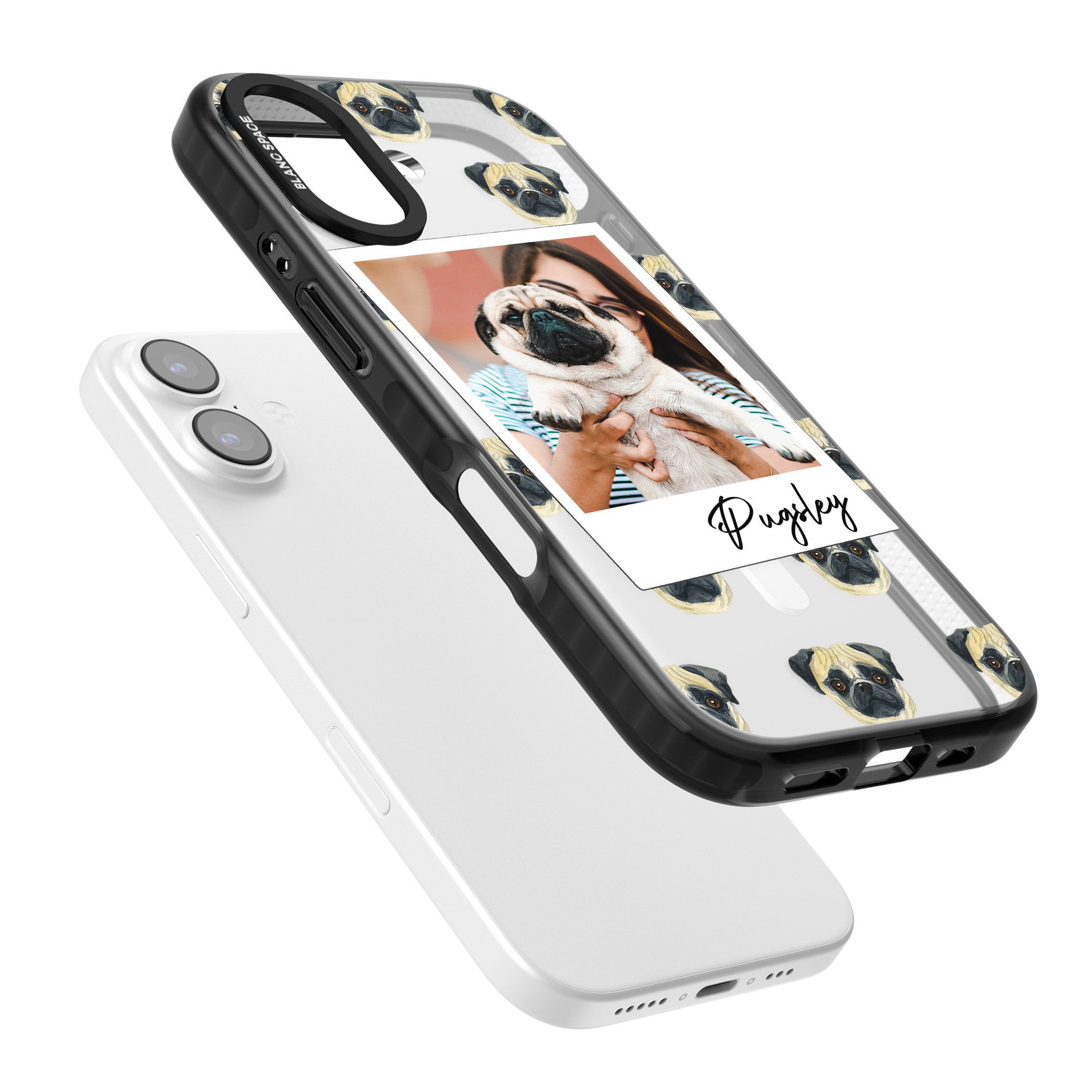 Personalised Pug Instant Camera Photo iPhone 17 Impact Pro Black Phone Case Colours
