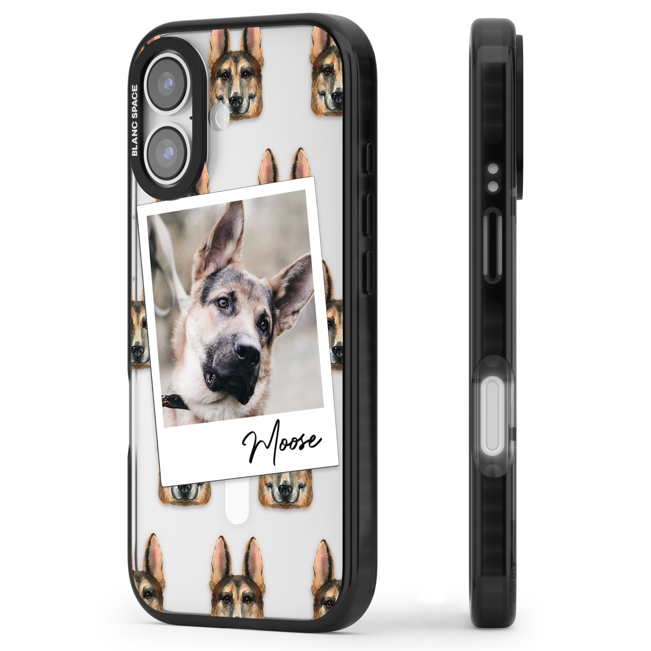 Personalised German Shepherd Instant Camera Photo iPhone 17 Impact Pro Black Phone Case Side Profile