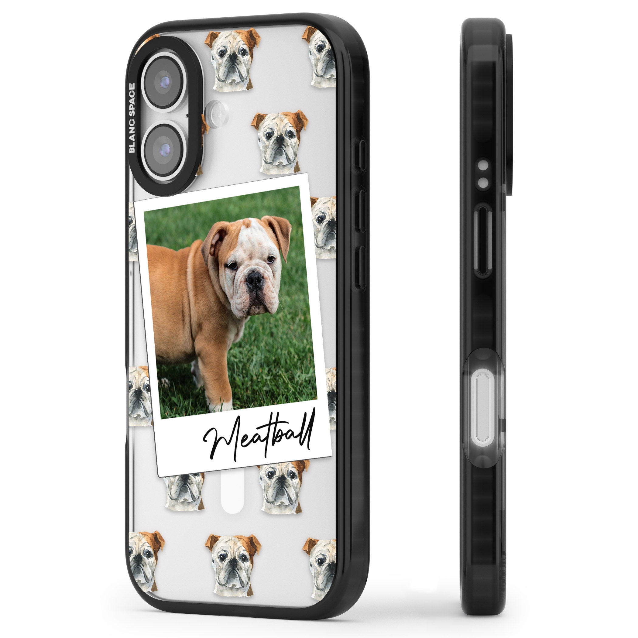 Personalised English Bulldog Instant Camera Photo iPhone 17 Impact Pro Black Phone Case Side Profile