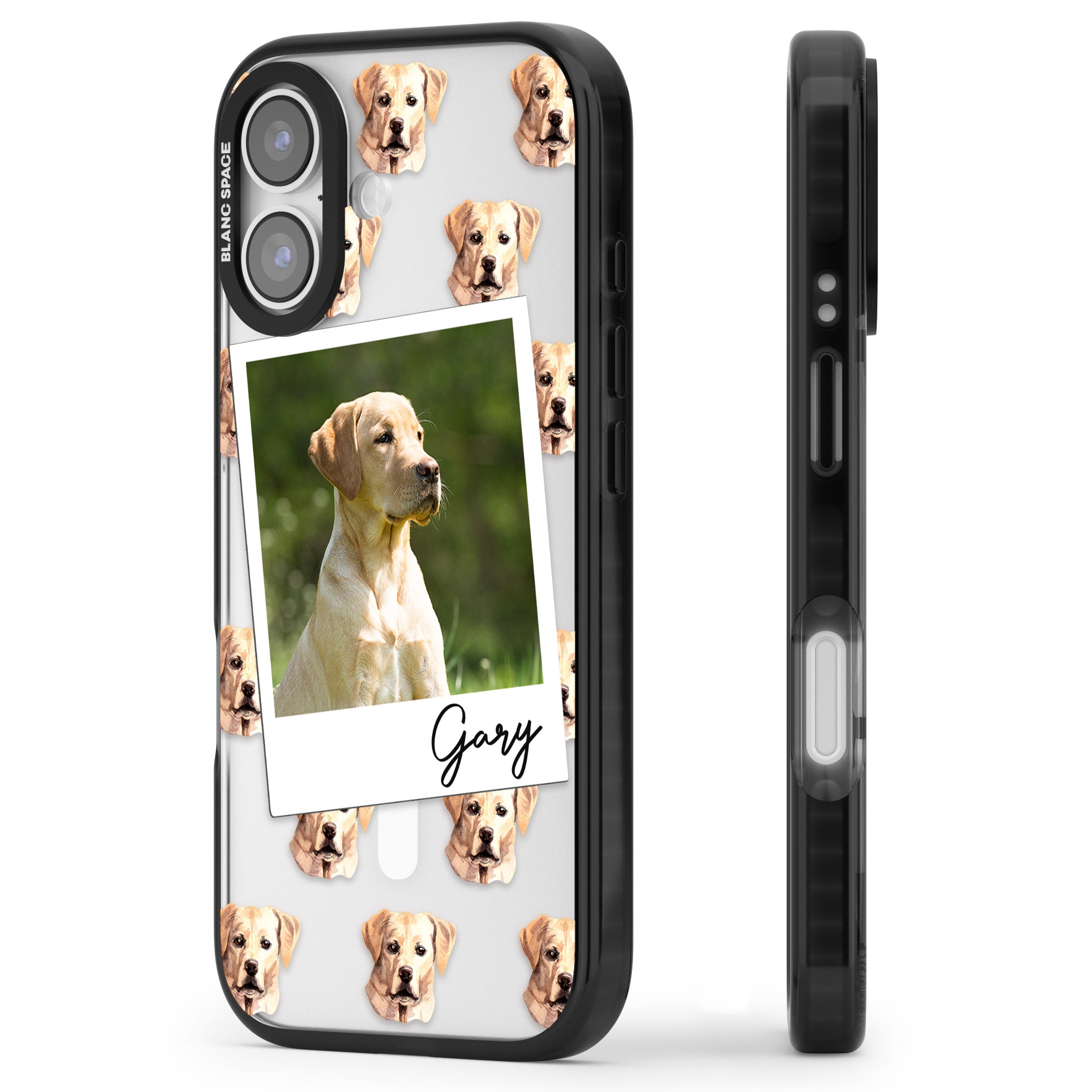 Personalised Tan Black Labrador Instant Camera Photo iPhone 17 Impact Pro Black Phone Case Side Profile