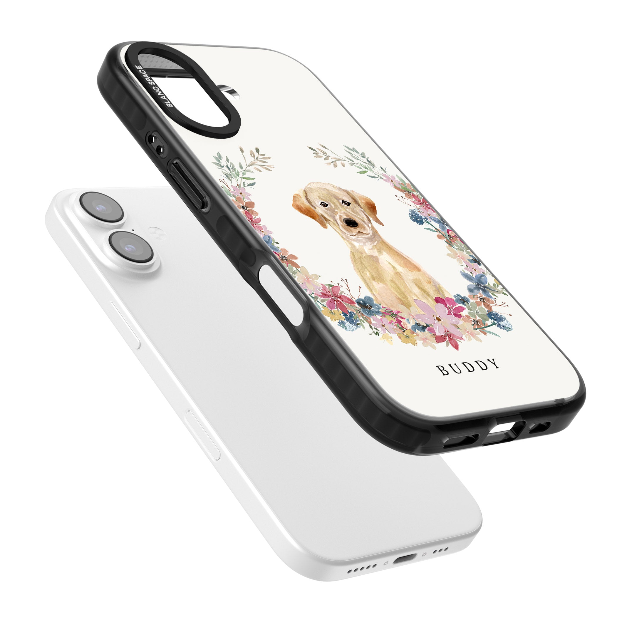 Personalised Yellow Labrador Retriever Floral Portrait iPhone 17 Impact Pro Black Phone Case Colours