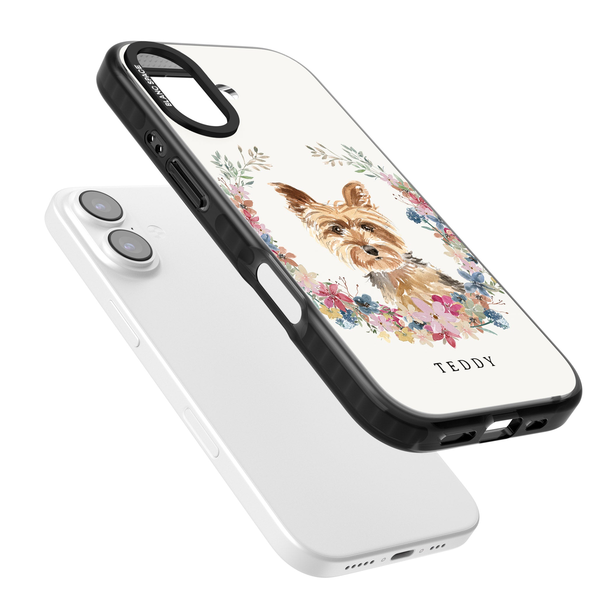 Personalised Yorkshire Terrier Floral Portrait iPhone 17 Impact Pro Black Phone Case Colours