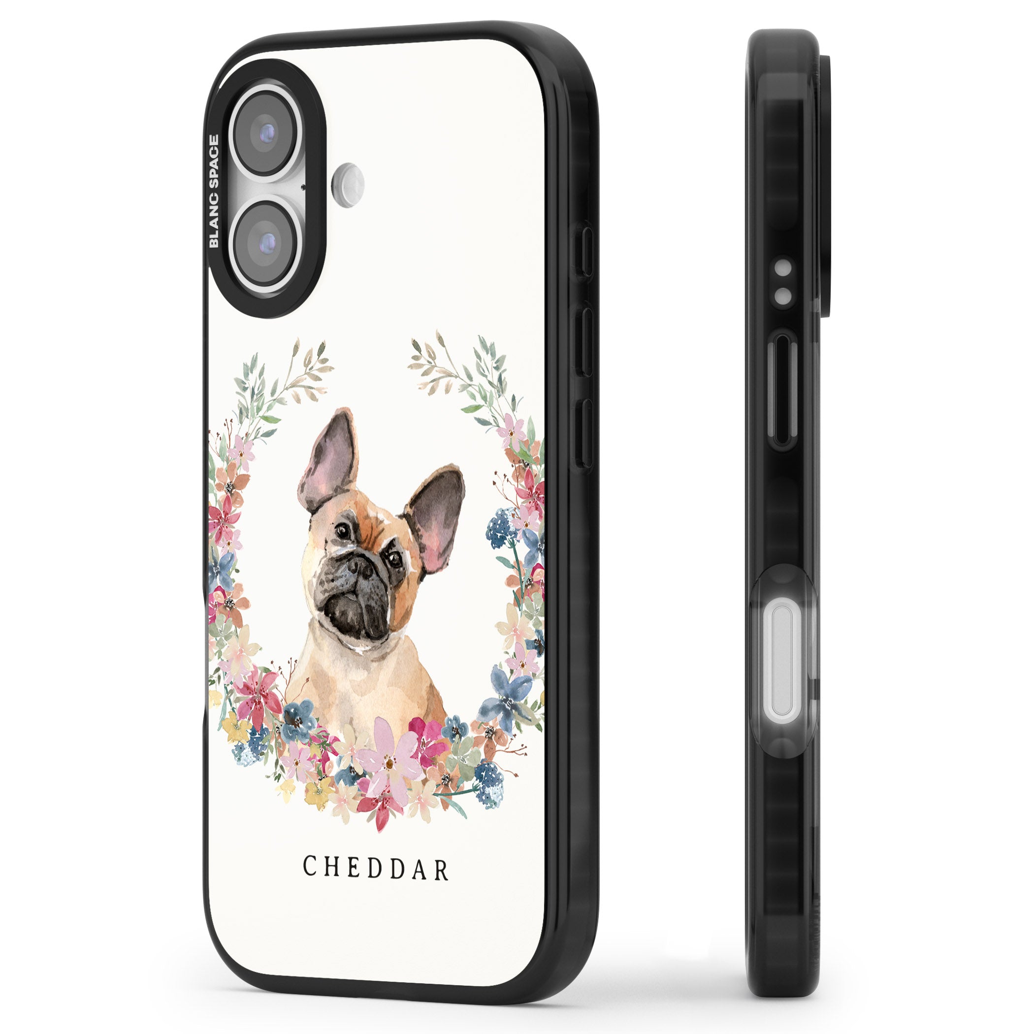 Personalised Tan French Bulldog Floral Portrait iPhone 17 Impact Pro Black Phone Case Side Profile