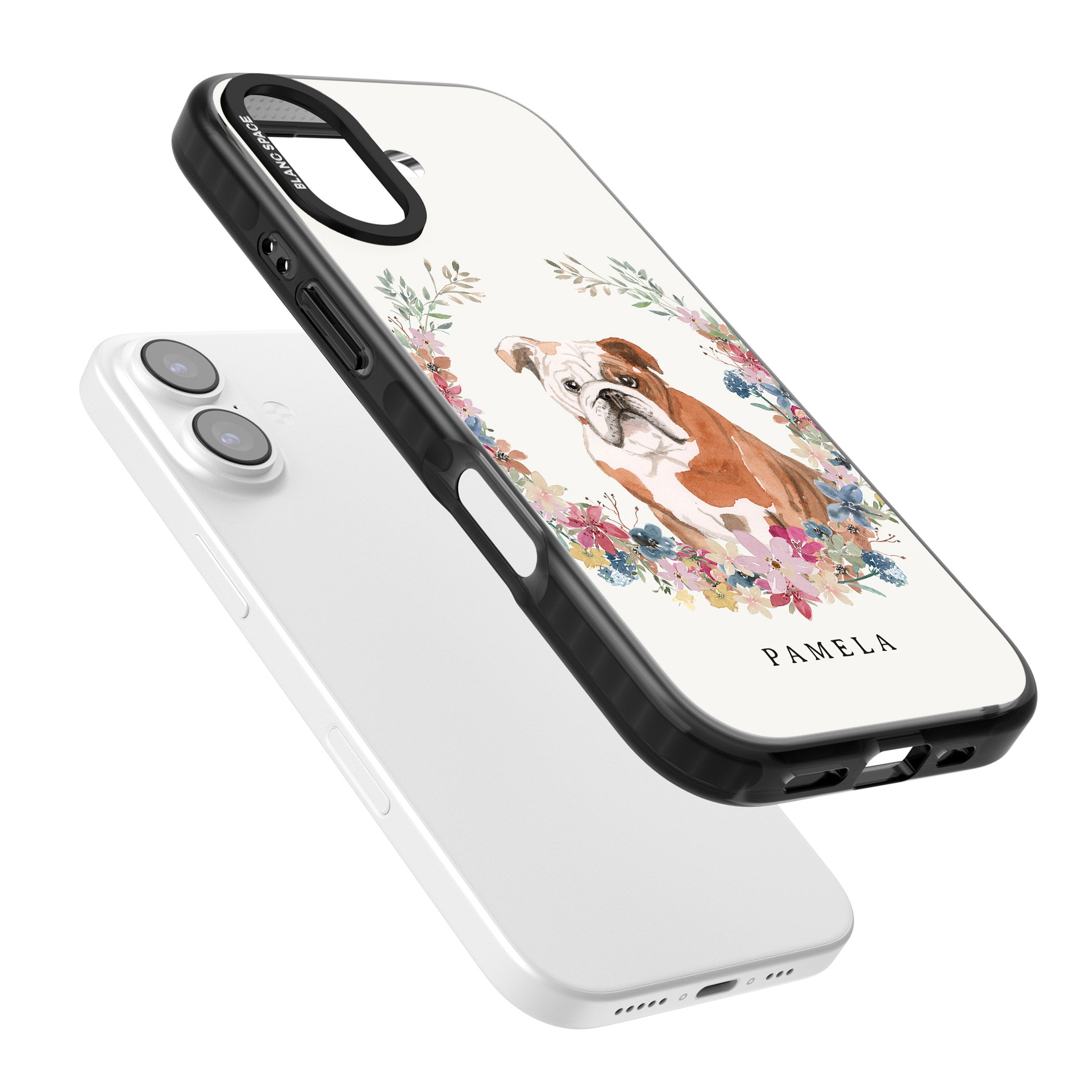Personalised English Bulldog Floral Portrait iPhone 17 Impact Pro Black Phone Case Colours