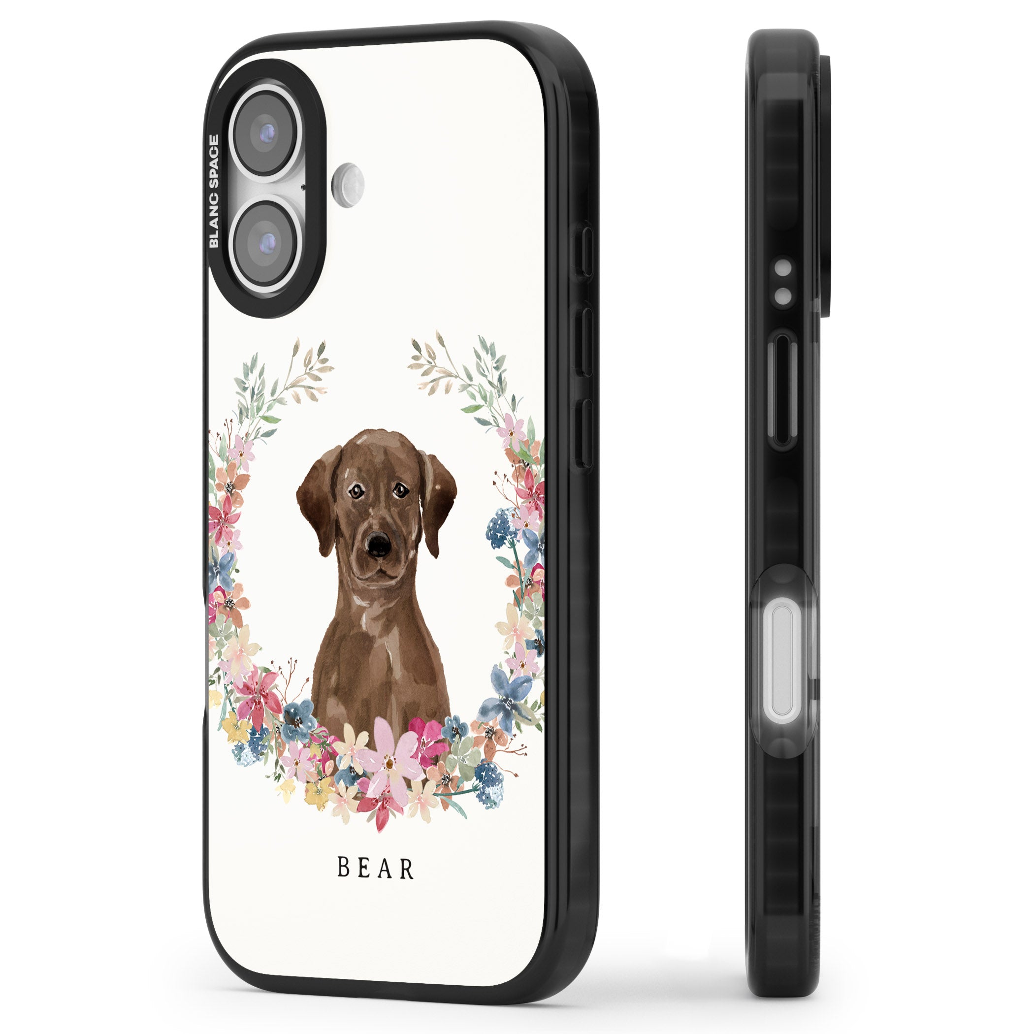 Personalised Chocolate Labrador Floral Portrait iPhone 17 Impact Pro Black Phone Case Side Profile