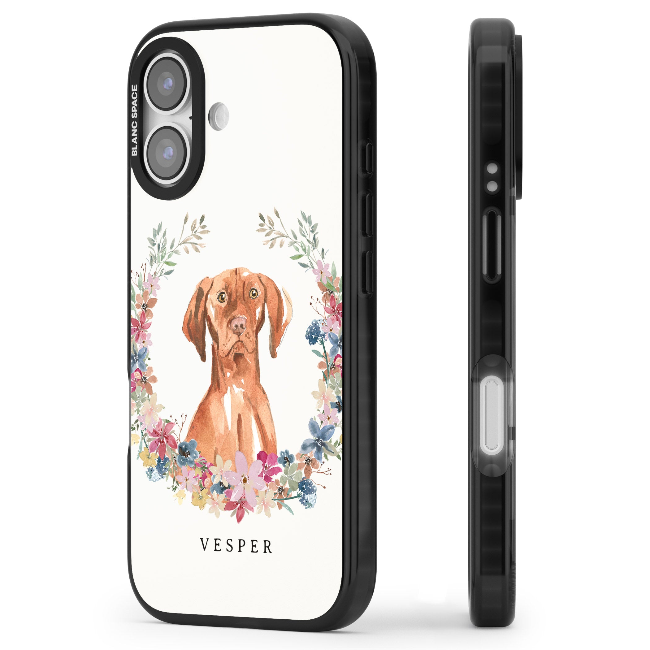 Personalised Hungarian Vizsla Floral Portrait iPhone 17 Impact Pro Black Phone Case Side Profile