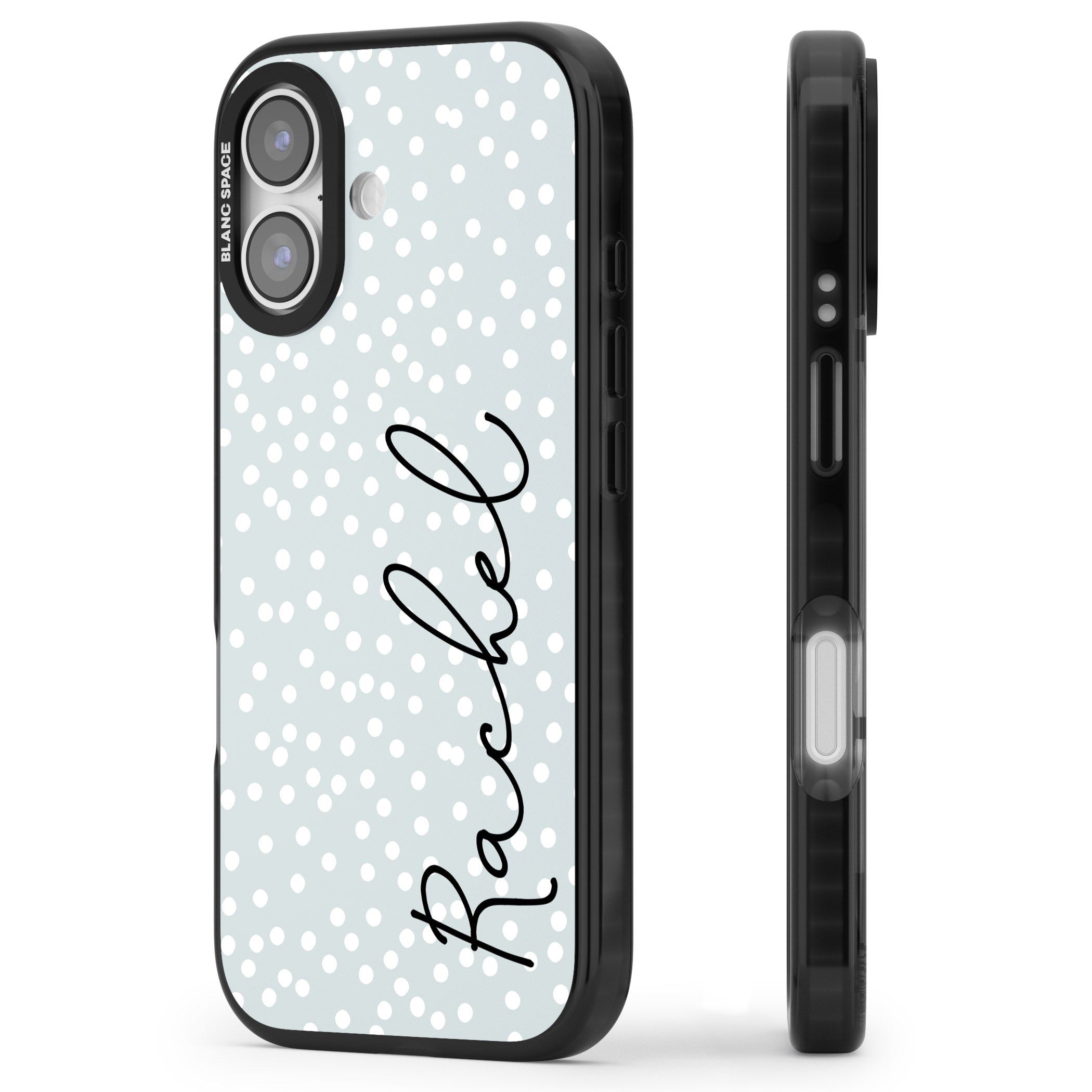 Personalised Vertical Cursive & Dots iPhone 17 Impact Pro Black Phone Case Side Profile