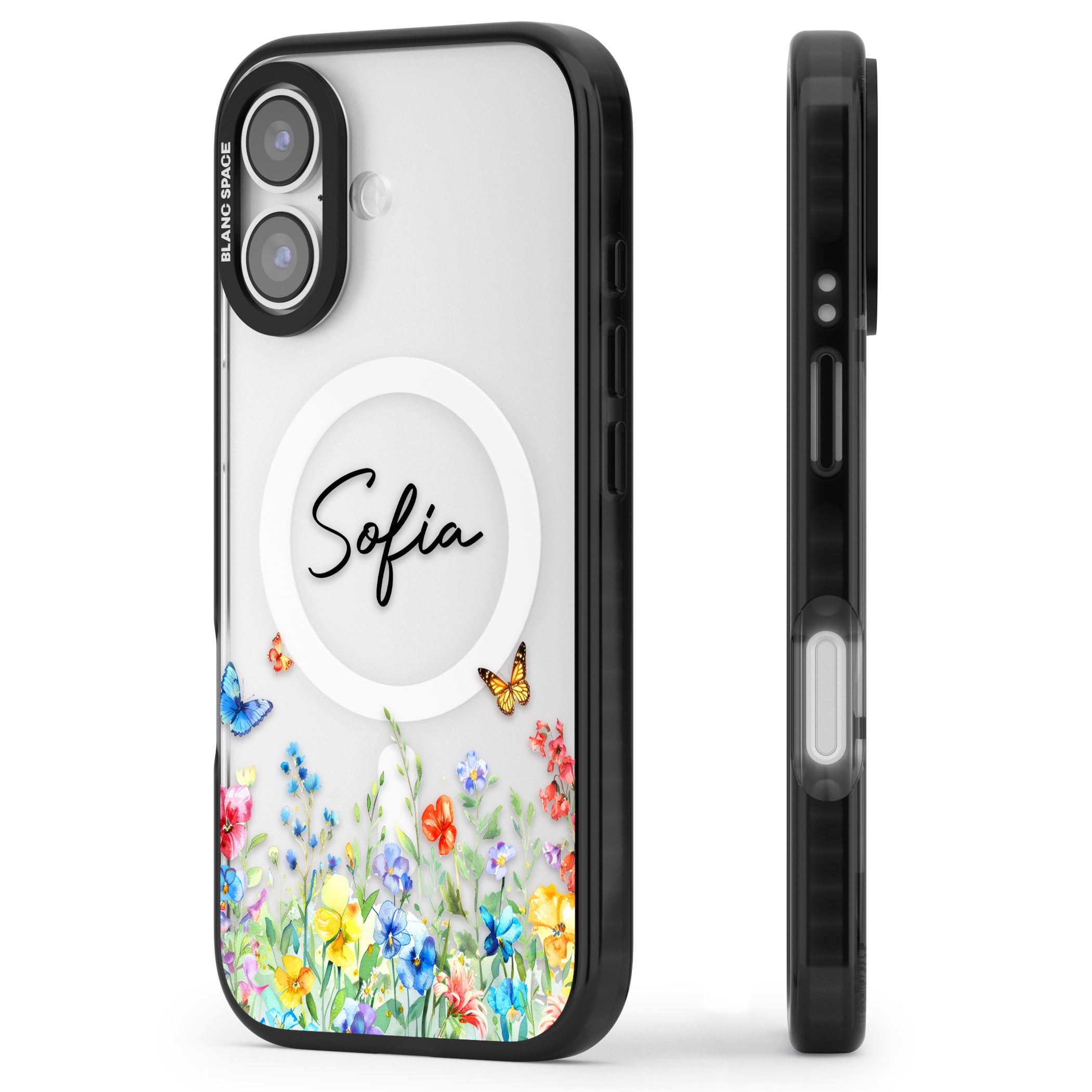Personalised Buterflies Wildflowers iPhone 17 Impact Pro Black Phone Case Side Profile