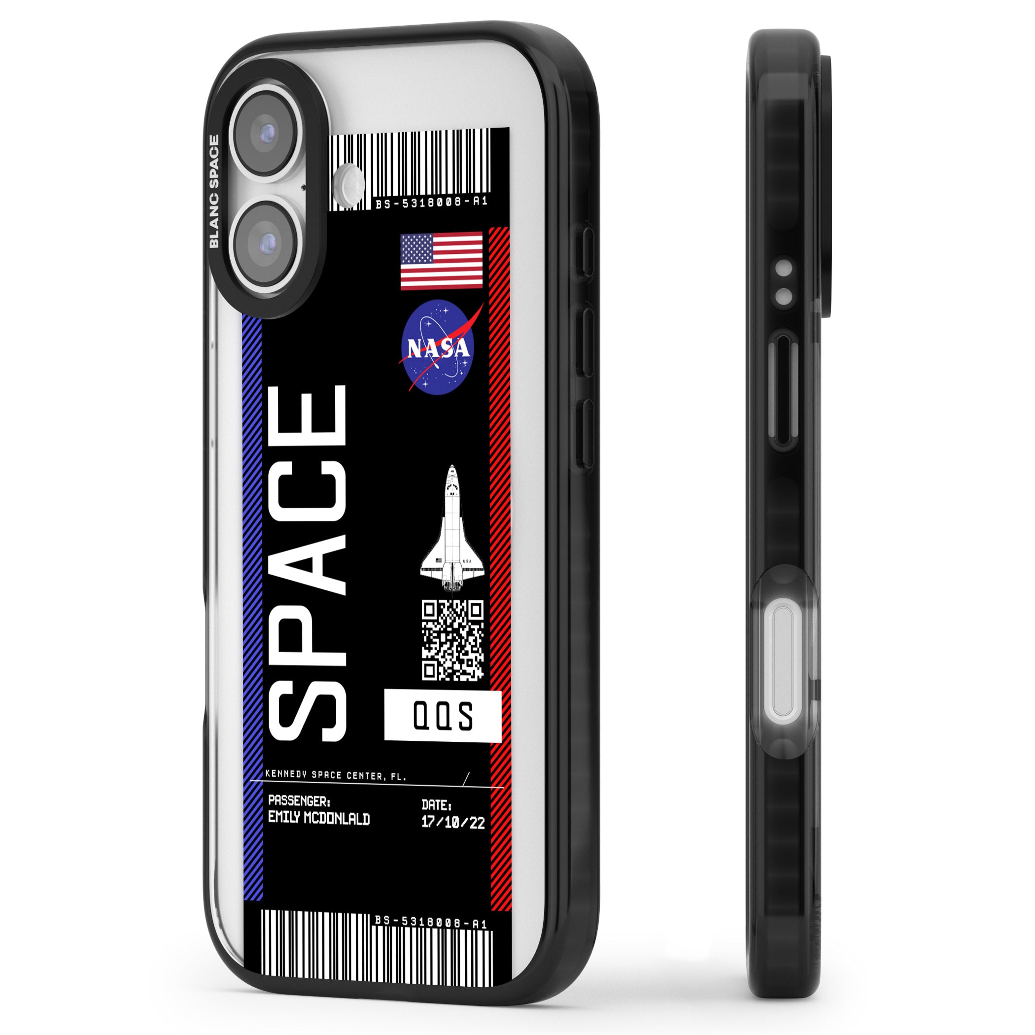 Personalised Nasa Boarding Pass (Dark) iPhone 17 Impact Pro Black Phone Case Side Profile