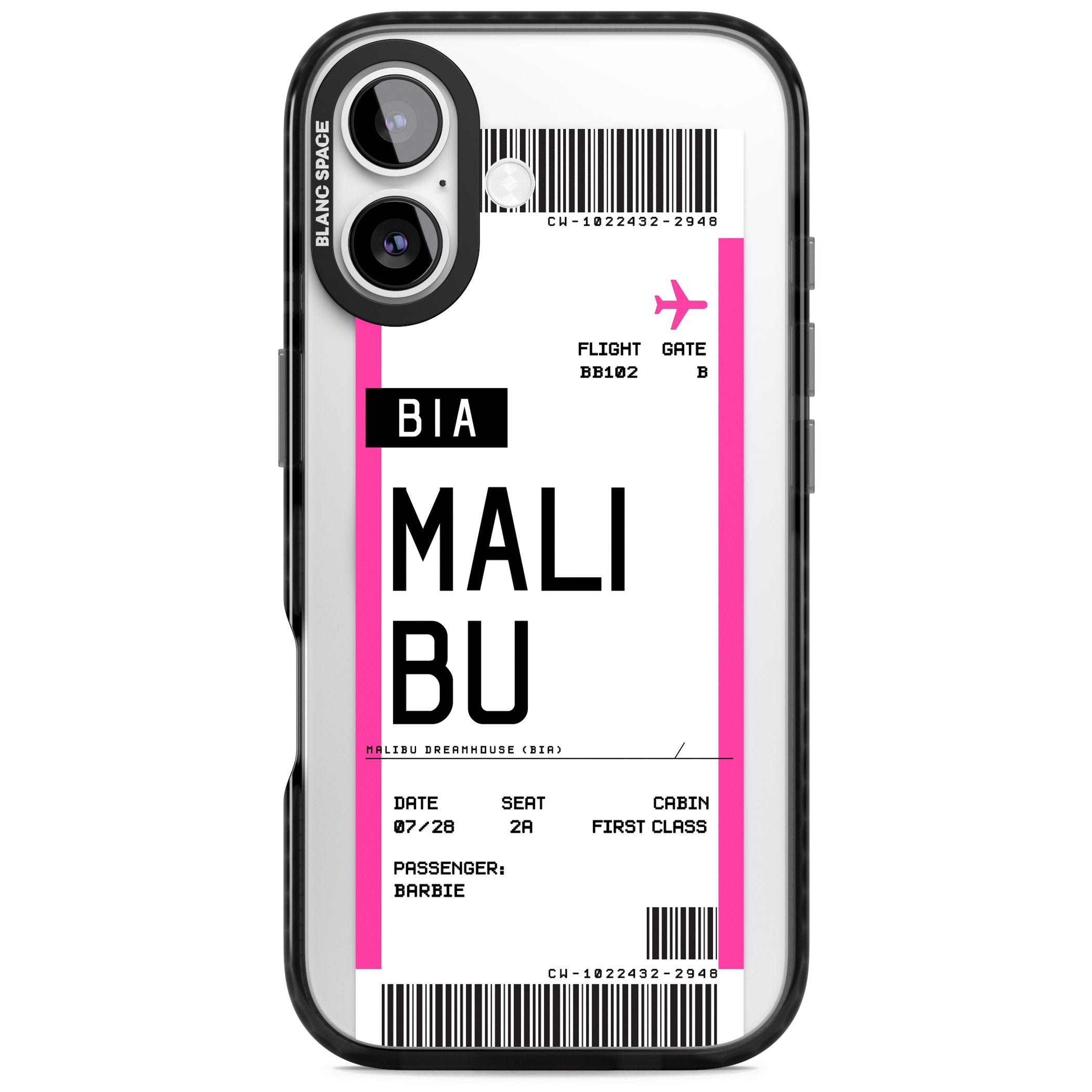 Personalised Pink Malibu Boarding Pass iPhone 17 Impact Pro Black Phone Case
