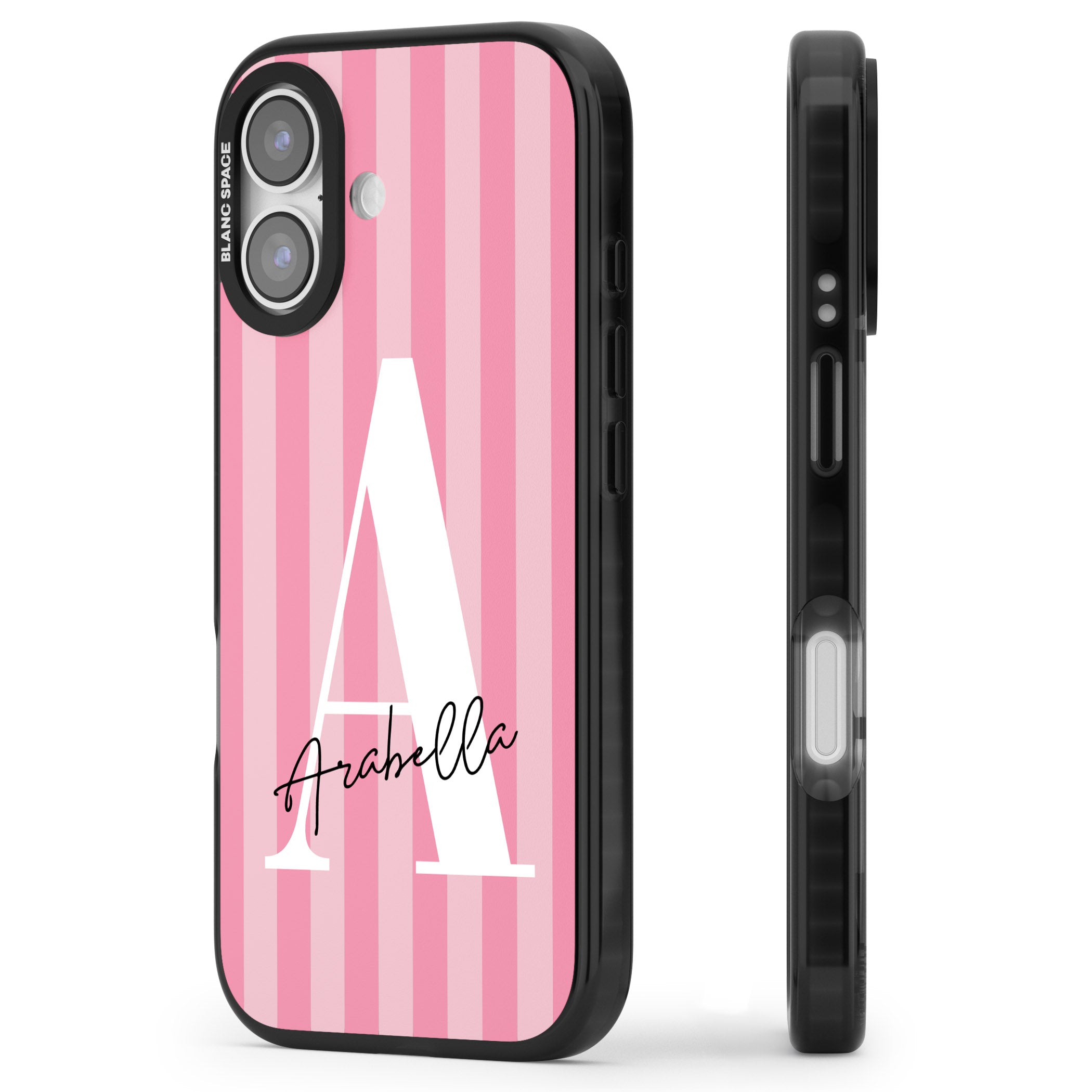 Personalised Pink Stripes Initial iPhone 17 Impact Pro Black Phone Case Side Profile