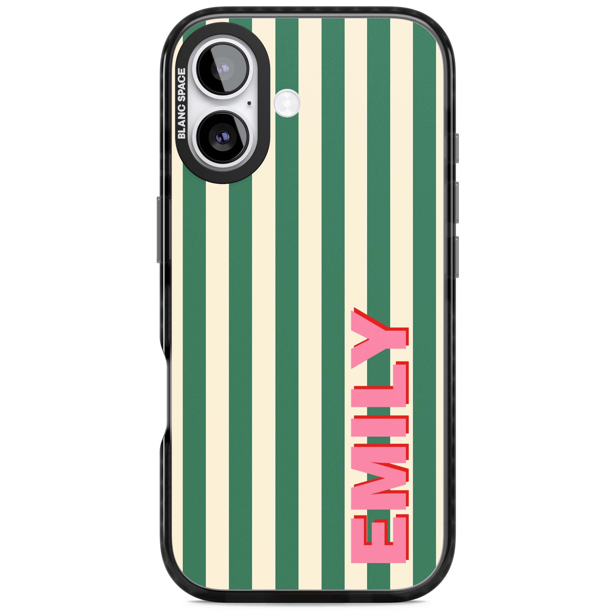 Wimbledon Stripe preppy iPhone case featuring green and cream vertical stripes with a personalised pink name | Black Impact Magsafe case for iPhone 17