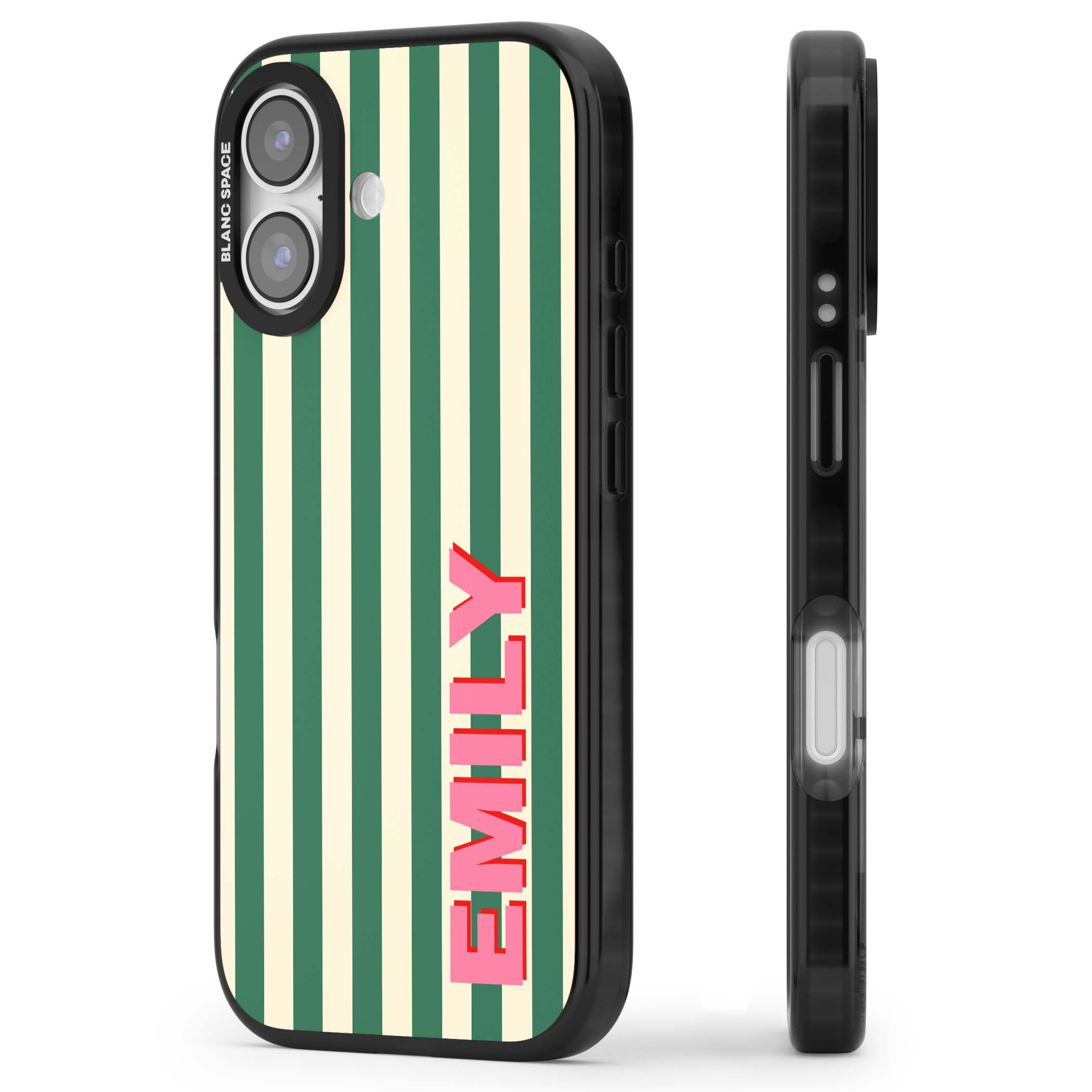 Wimbledon Stripe preppy iPhone case featuring green and cream vertical stripes with a personalised pink name | Black Impact Magsafe case for iPhone 17
