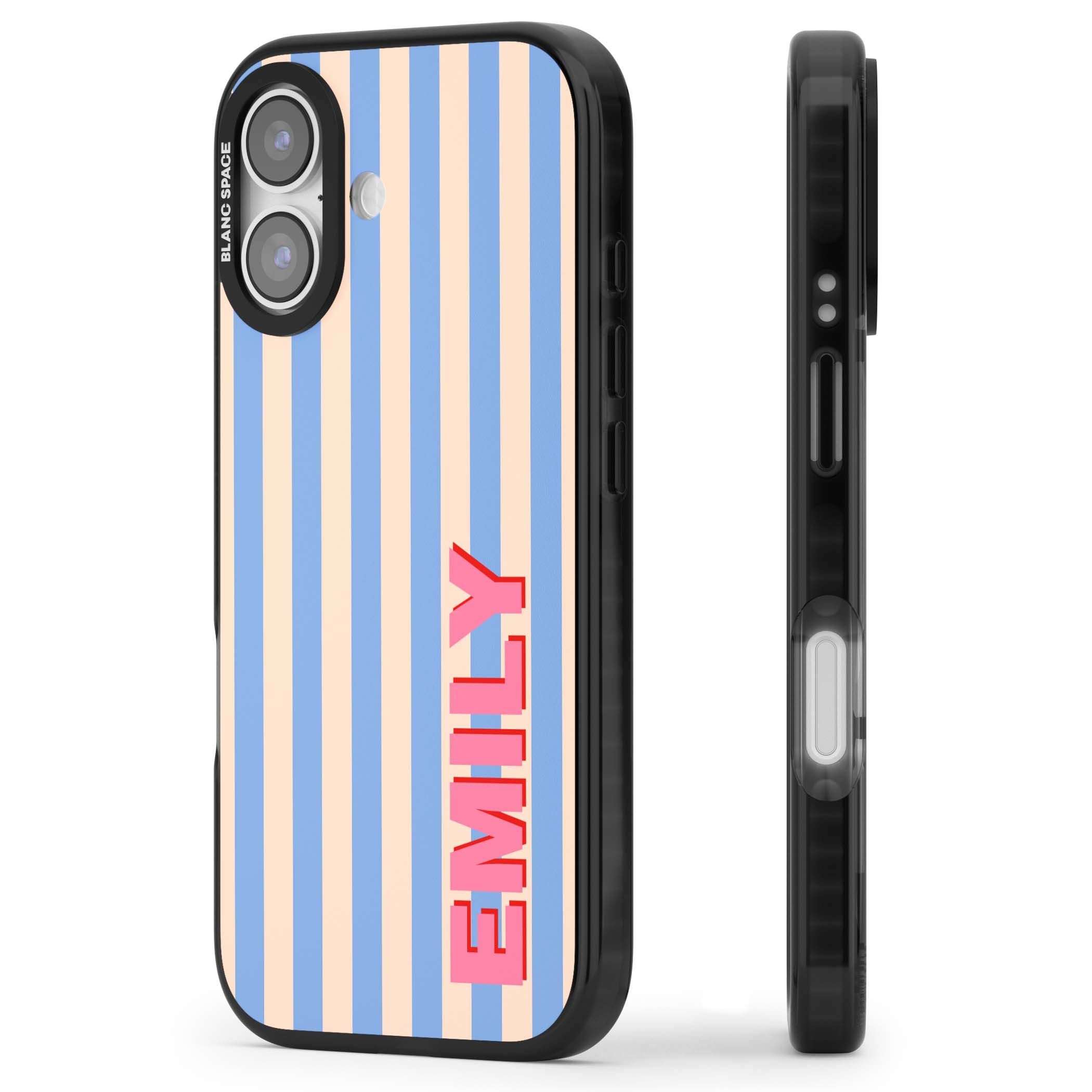 Coastal Stripe personalised coastal iPhone case with blue and peach vertical stripes and custom pink name | Black Impact Magsafe case for iPhone 17
