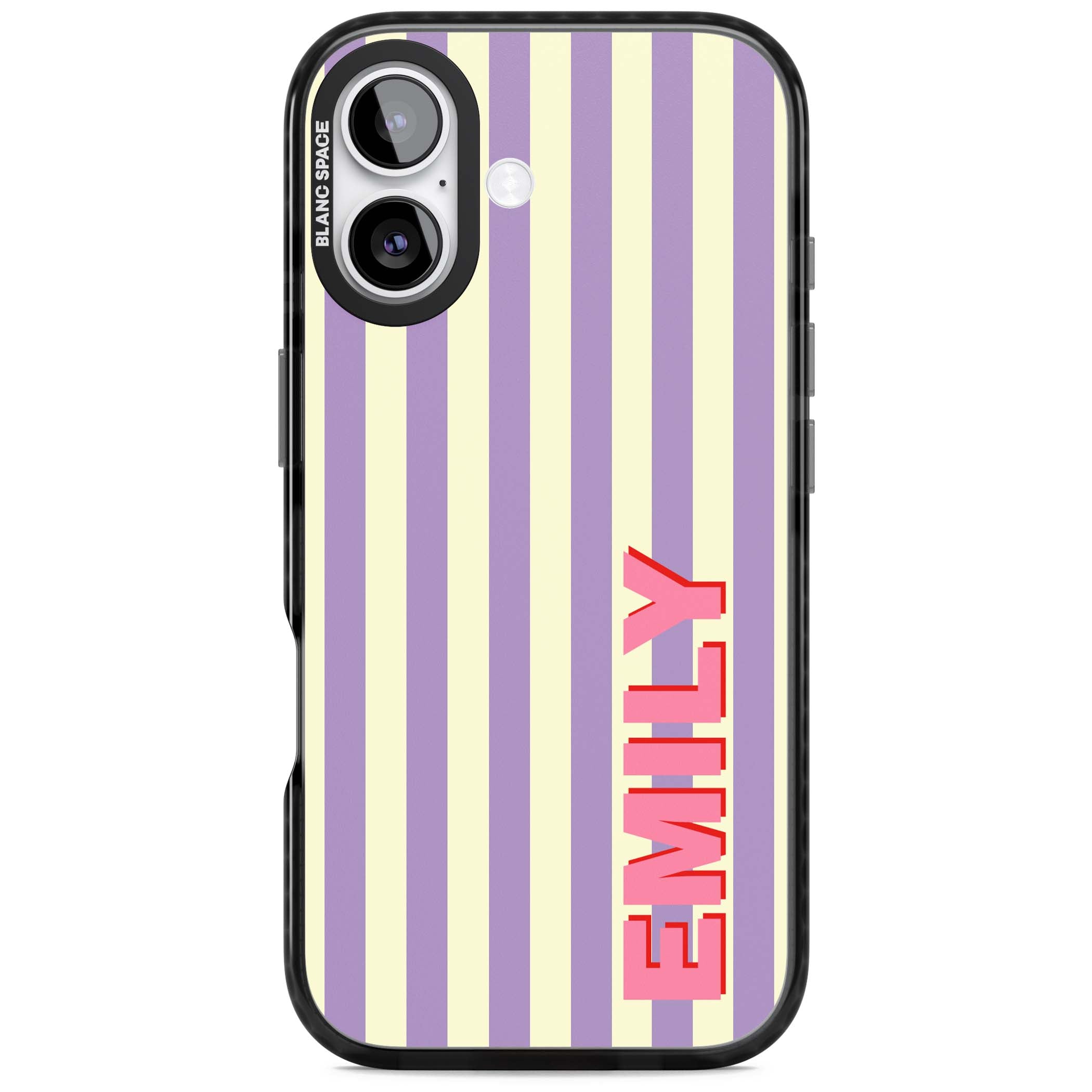 Valensole Stripe personalised iPhone case with purple and cream vertical stripes and pink custom name | Black Impact Magsafe case for iPhone 17