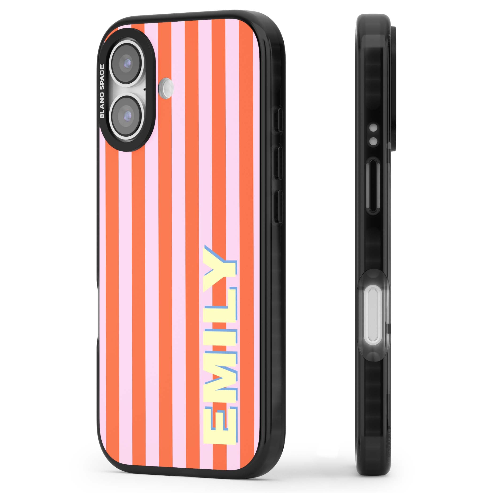 Havana Stripe personalised iPhone case featuring pink and orange vertical stripes with a custom yellow name | Black Impact Magsafe case for iPhone 17