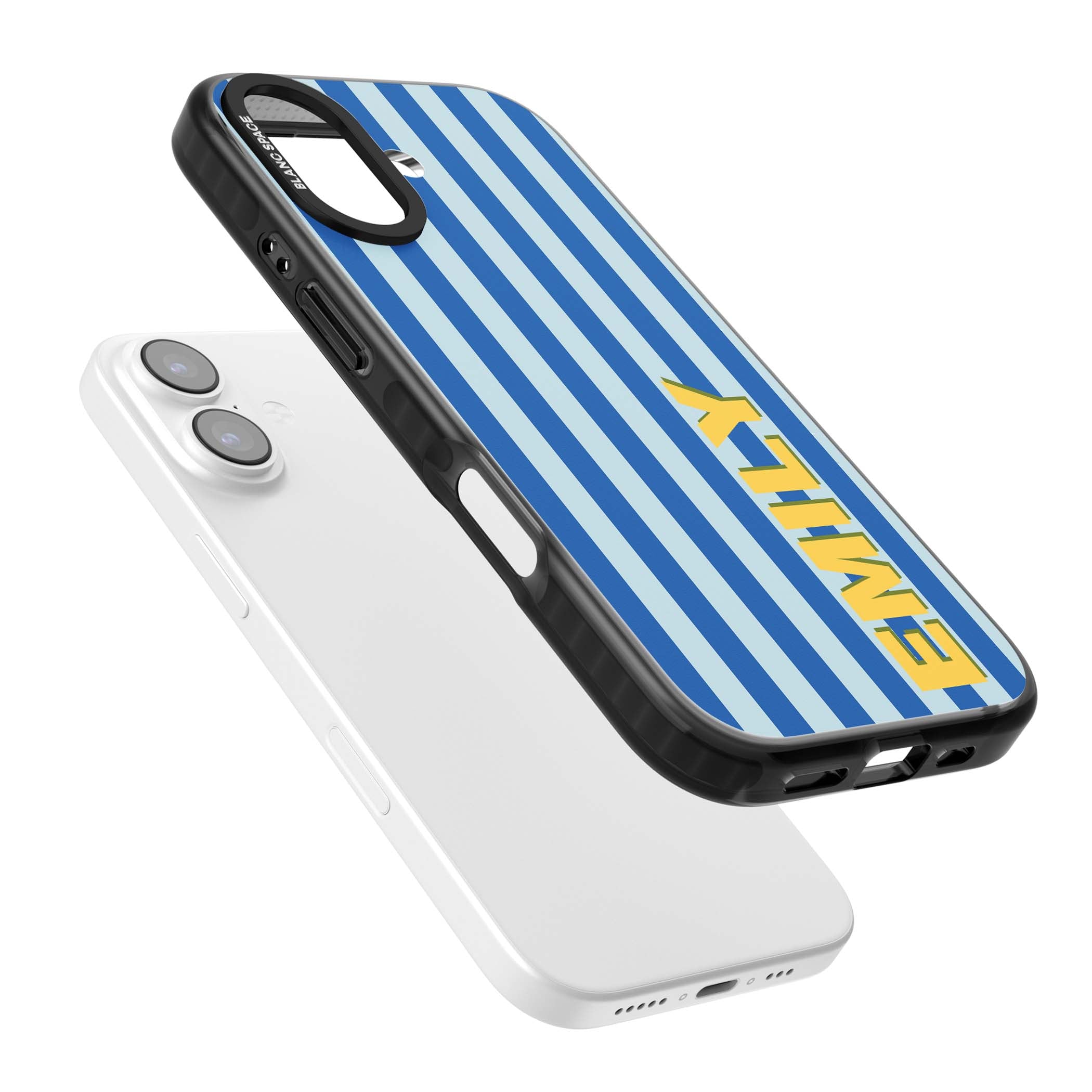 Athenian Stripe personalised preppy iPhone case featuring blue vertical stripes and a custom yellow name | Black Impact Magsafe case for iPhone 17