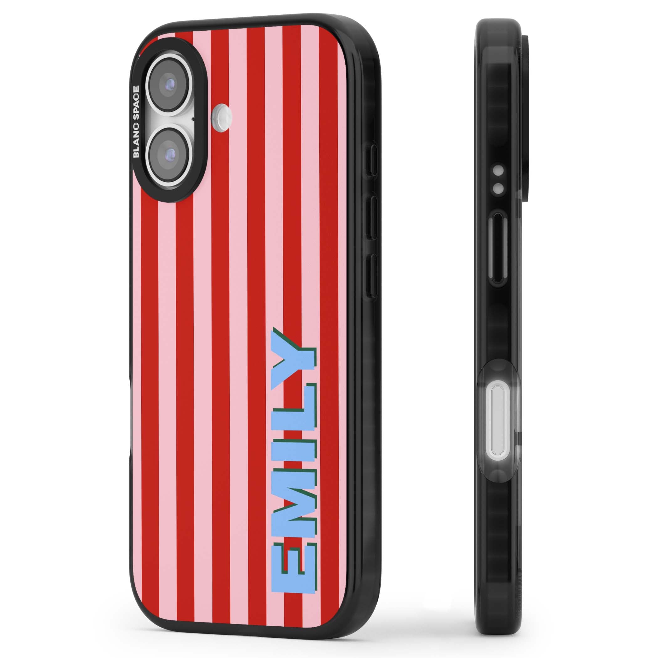 Market Stripe personalised iPhone case with red and pink vertical stripes and custom blue name | Black Impact Magsafe case for iPhone 17
