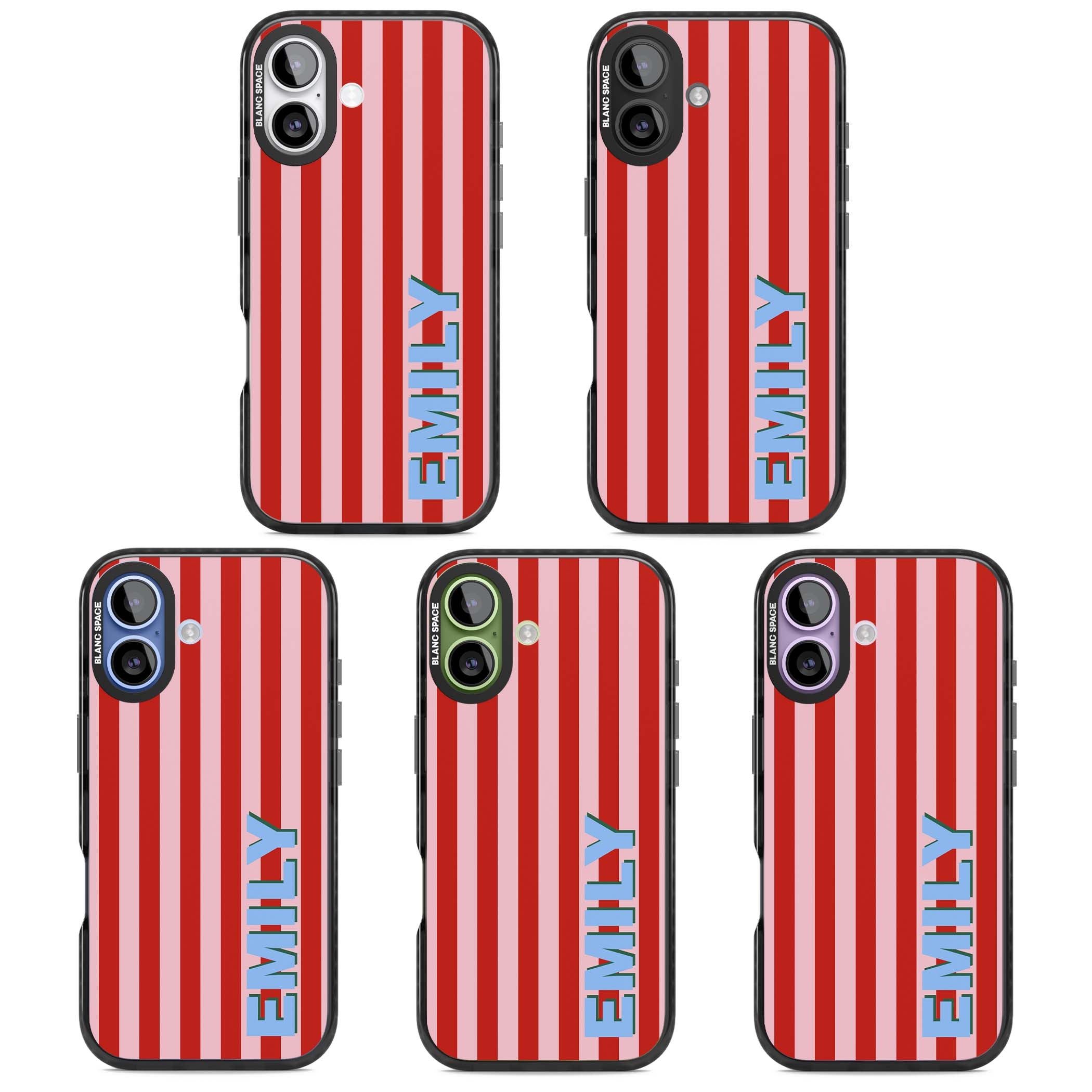 Market Stripe personalised iPhone case with red and pink vertical stripes and custom blue name | Black Impact Magsafe case for iPhone 17