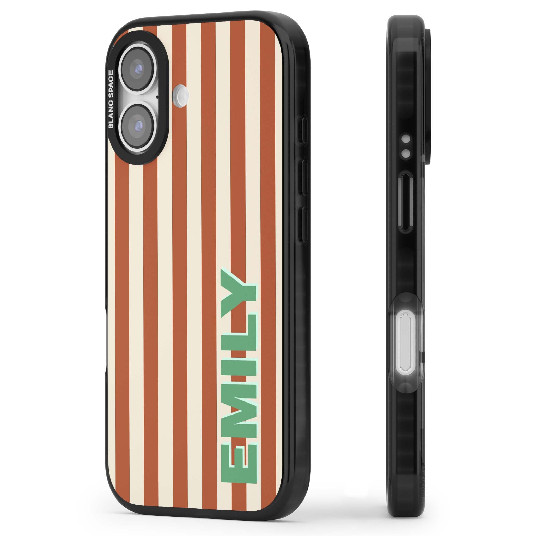 Dune Stripe personalised iPhone case with rust and cream vertical stripes and custom name in mint green | Black Impact Magsafe case for iPhone 17