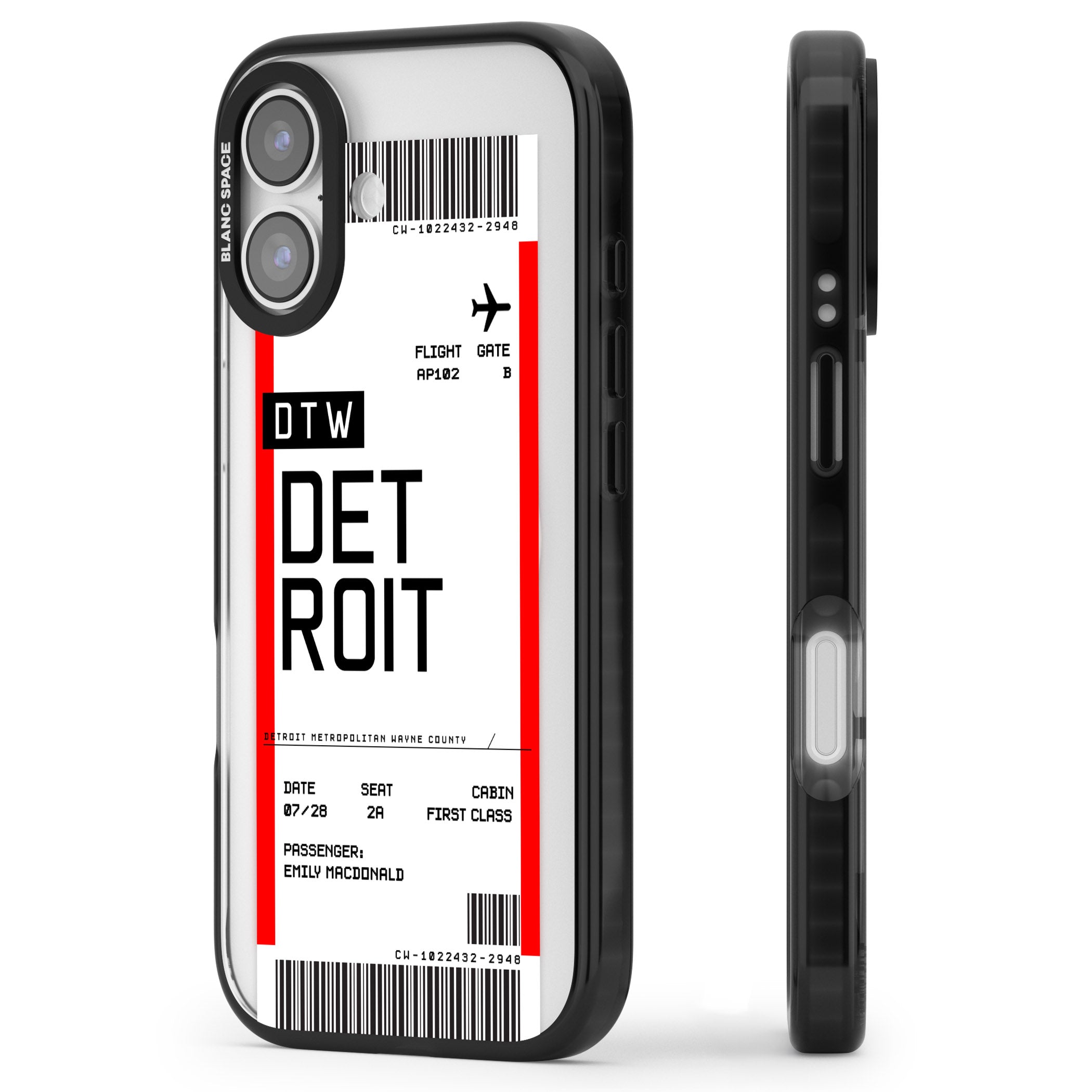 Personalised Detroit Boarding Pass iPhone 17 Impact Pro Black Phone Case Side Profile