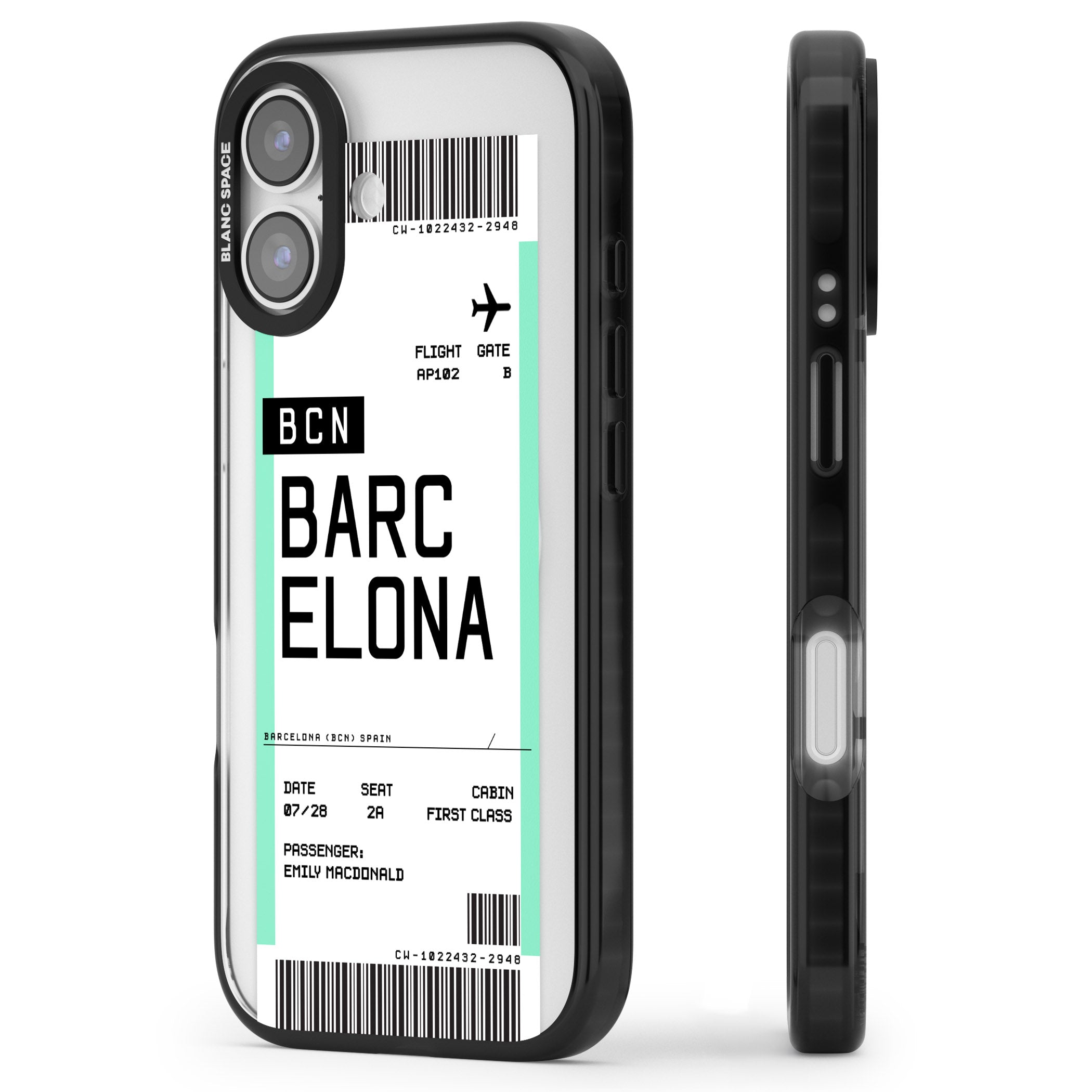 Personalised Barcelona Boarding Pass iPhone 17 Impact Pro Black Phone Case Side Profile