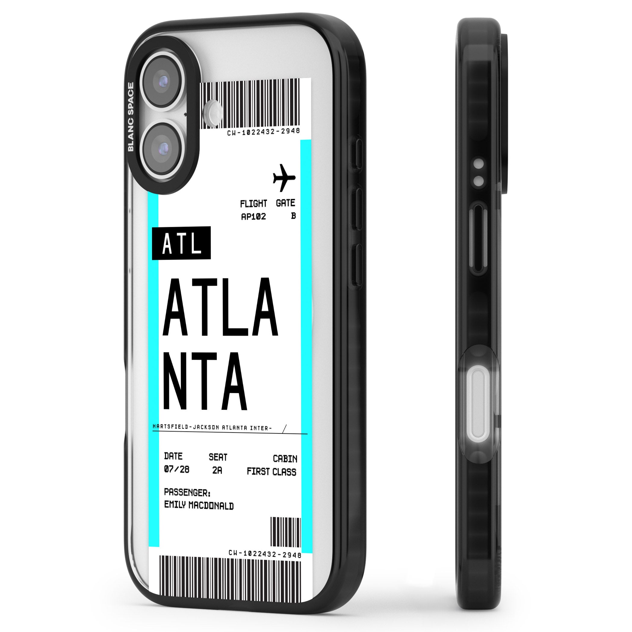 Personalised Atlanta Boarding Pass iPhone 17 Impact Pro Black Phone Case Side Profile