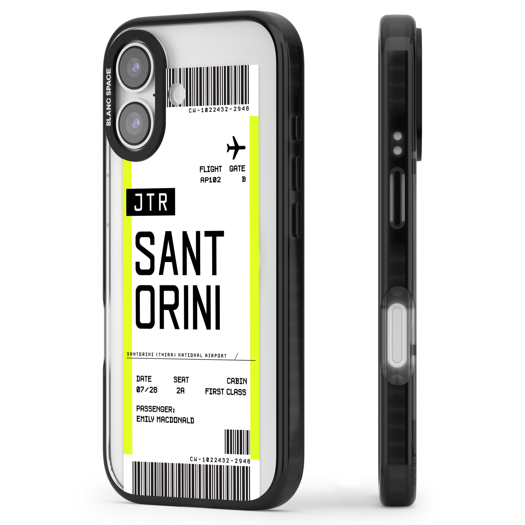 Personalised Santorini Boarding Pass iPhone 17 Impact Pro Black Phone Case Side Profile