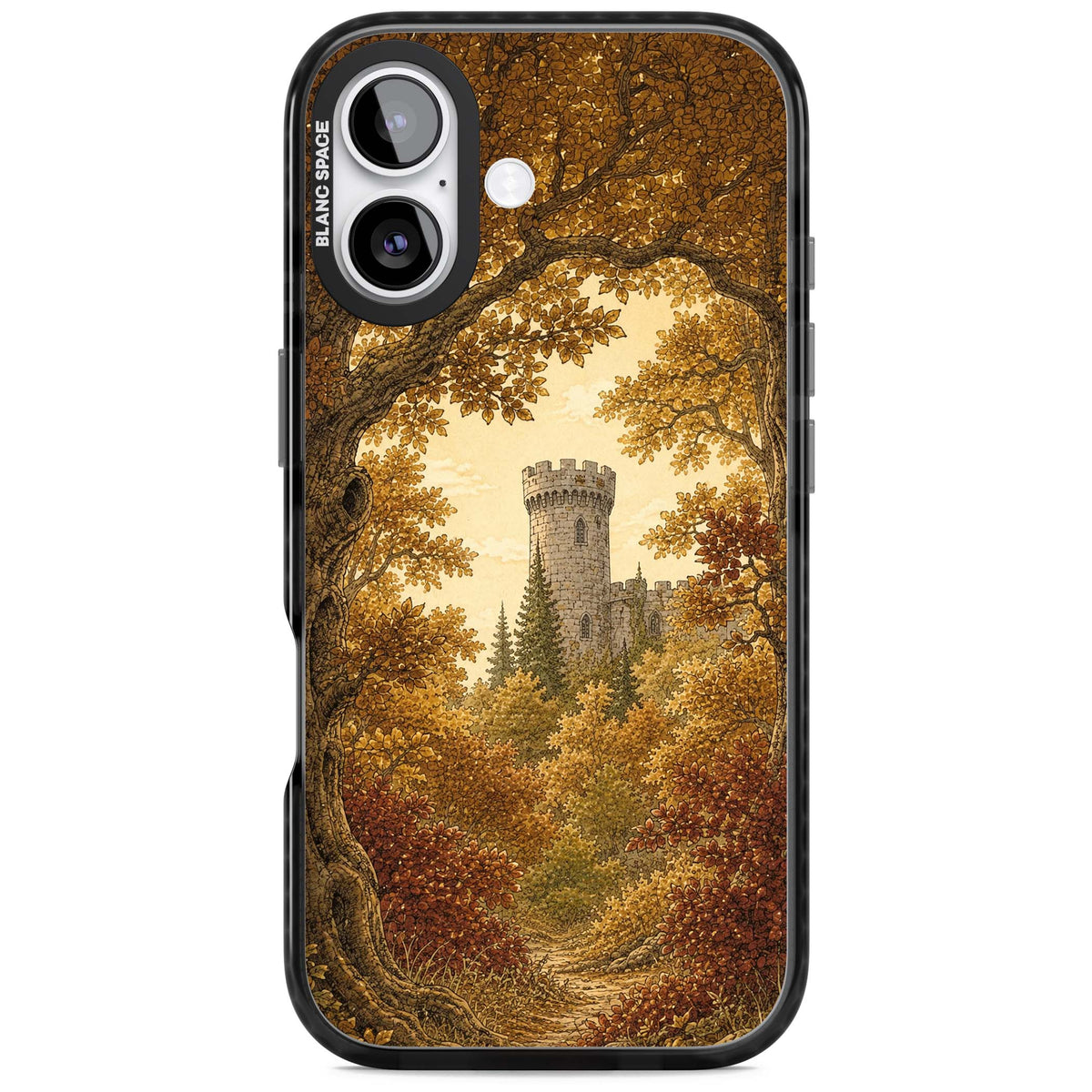 Autumn Keep cottagecore iPhone case featuring a medieval castle tower framed by golden autumn trees and woodland foliage | Black Impact Magsafe case for iPhone 17