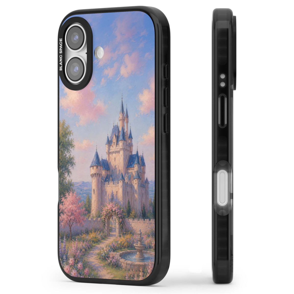 Enchanted Kingdom fairytale iPhone case featuring a romantic castle painting with cherry blossoms and pastel pink sky | Black Impact Magsafe case for iPhone 17