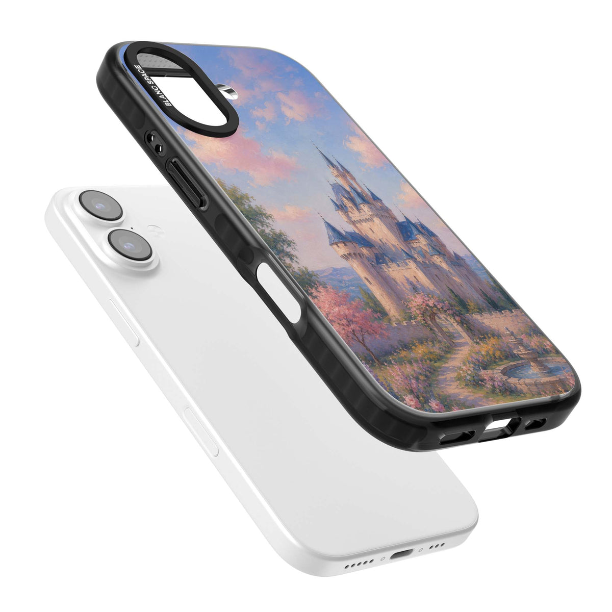 Enchanted Kingdom fairytale iPhone case featuring a romantic castle painting with cherry blossoms and pastel pink sky | Black Impact Magsafe case for iPhone 17