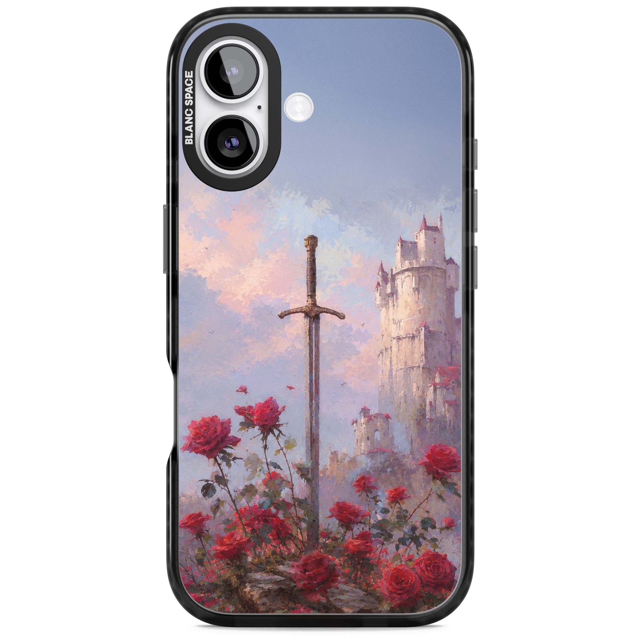 Sword in Roses medieval art iPhone case featuring a sword, red roses, and a misty fairytale castle at sunset | Black Impact Magsafe case for iPhone 17