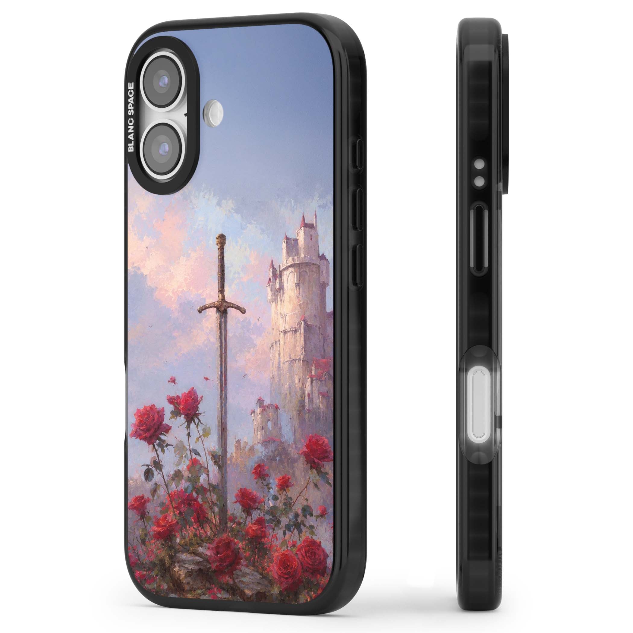Sword in Roses medieval art iPhone case featuring a sword, red roses, and a misty fairytale castle at sunset | Black Impact Magsafe case for iPhone 17