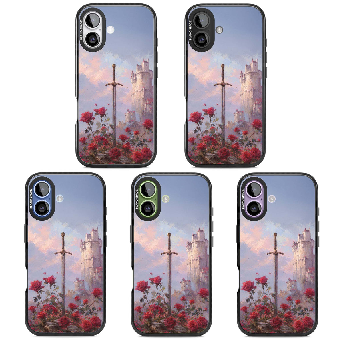 Sword in Roses medieval art iPhone case featuring a sword, red roses, and a misty fairytale castle at sunset | Black Impact Magsafe case for iPhone 17
