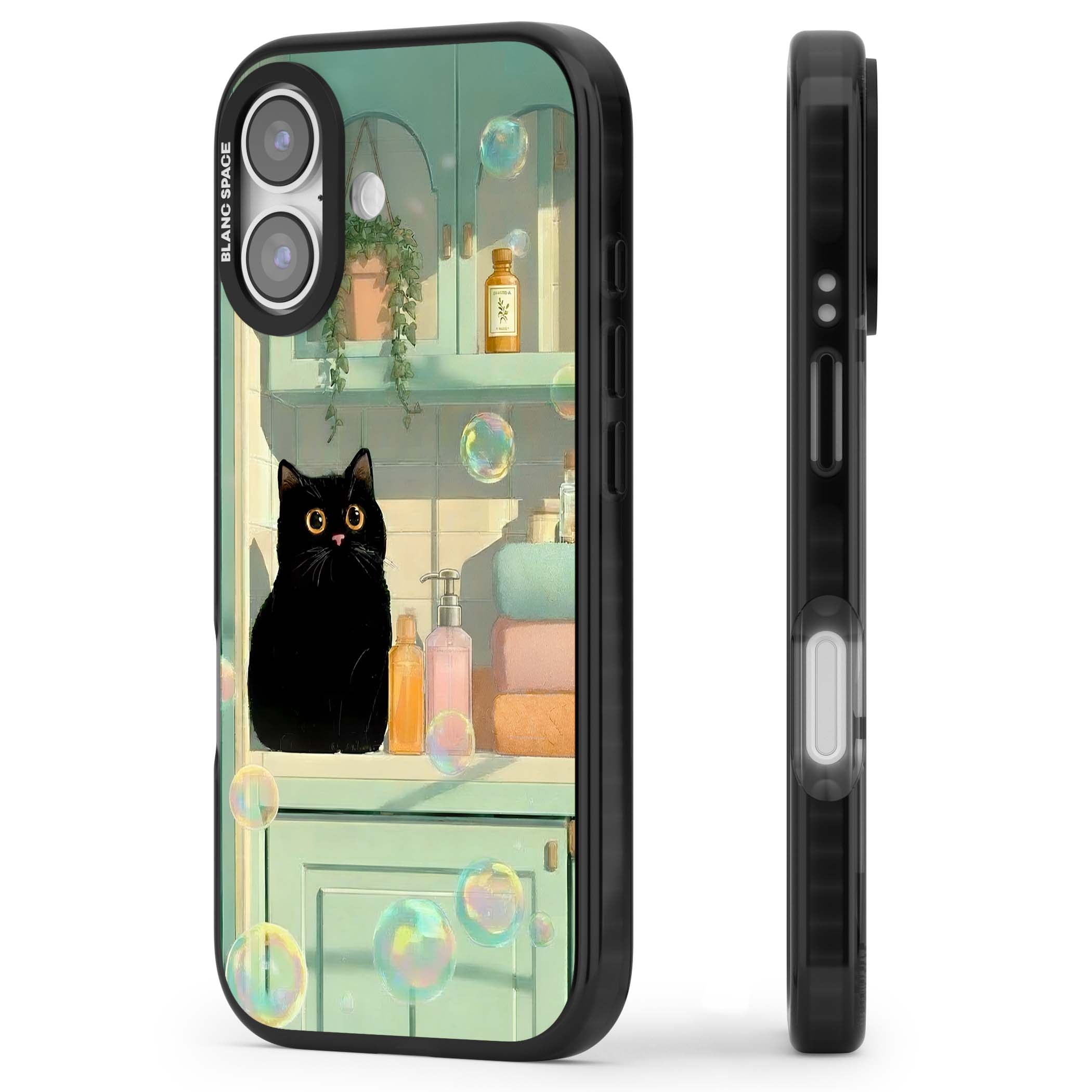Bathroom Bubble Kitty cottagecore iPhone case featuring a black cat, mint bathroom scene and floating soap bubbles | Black Impact Magsafe case for iPhone 17