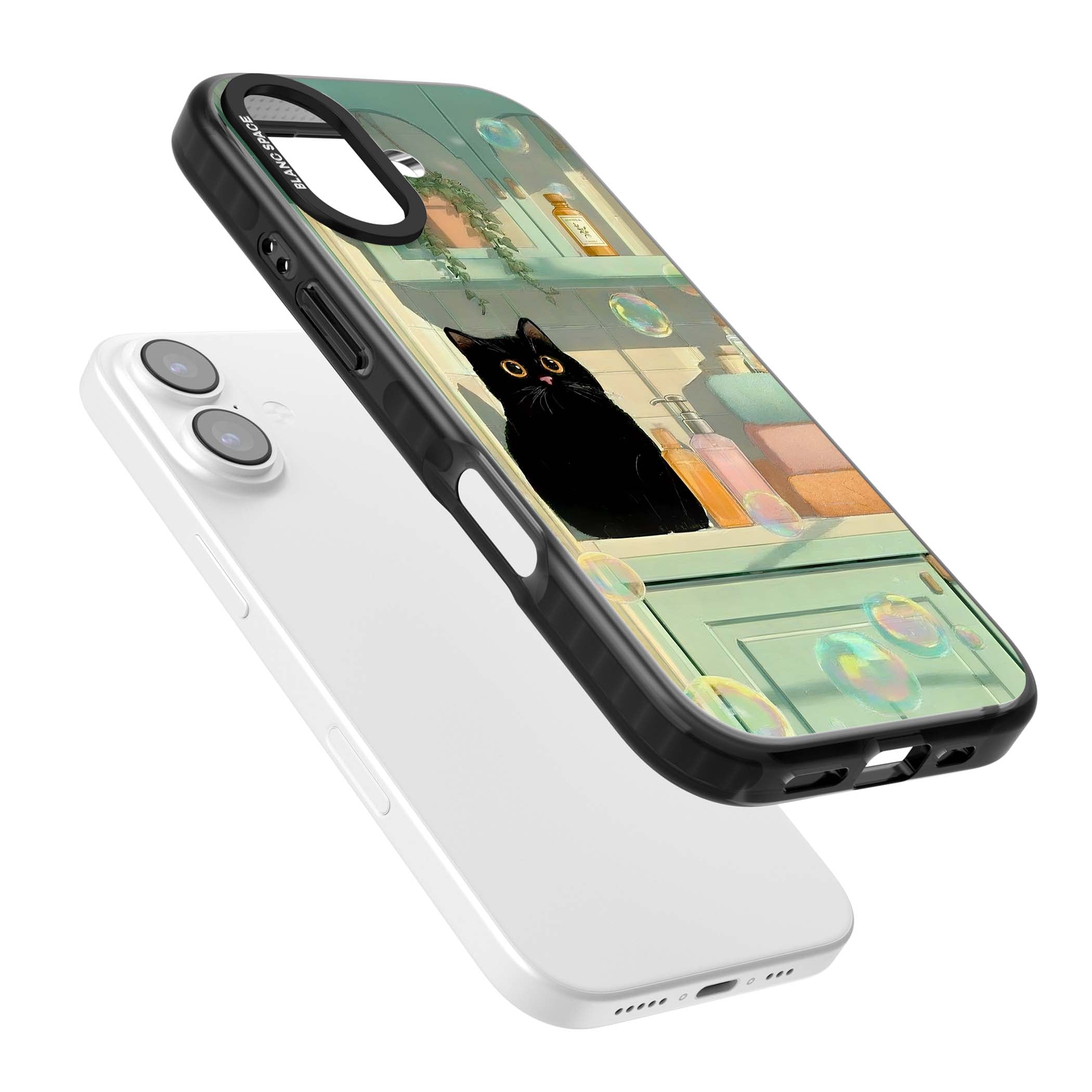 Bathroom Bubble Kitty cottagecore iPhone case featuring a black cat, mint bathroom scene and floating soap bubbles | Black Impact Magsafe case for iPhone 17
