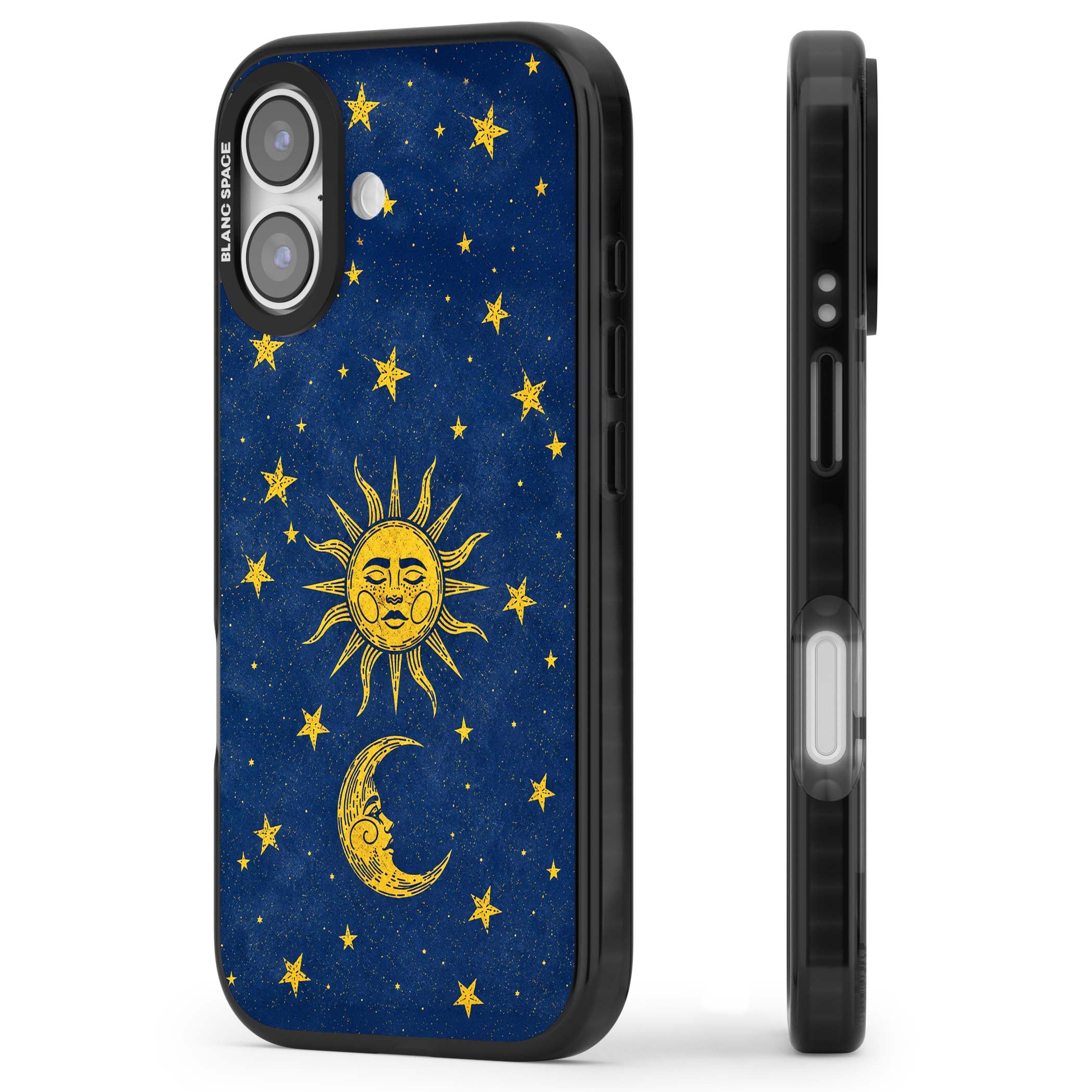 Sun & Moon Reverie celestial iPhone case featuring a vintage golden sun, crescent moon and scattered stars on midnight blue | Black Impact Magsafe case for iPhone 17