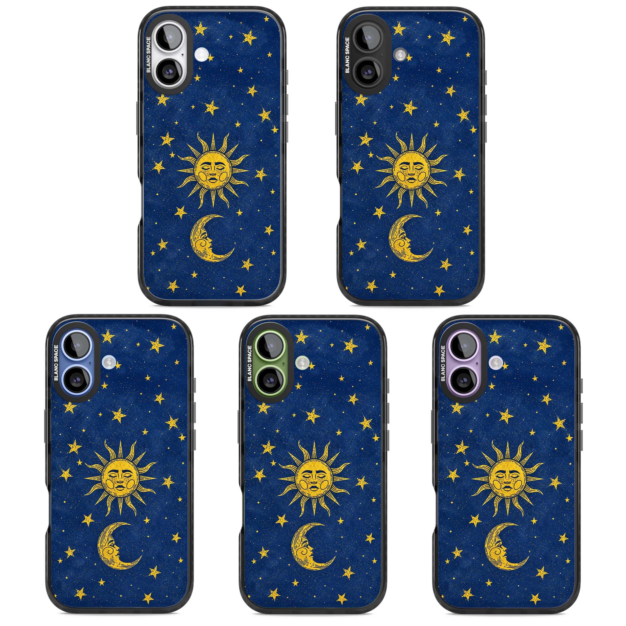 Sun & Moon Reverie celestial iPhone case featuring a vintage golden sun, crescent moon and scattered stars on midnight blue | Black Impact Magsafe case for iPhone 17