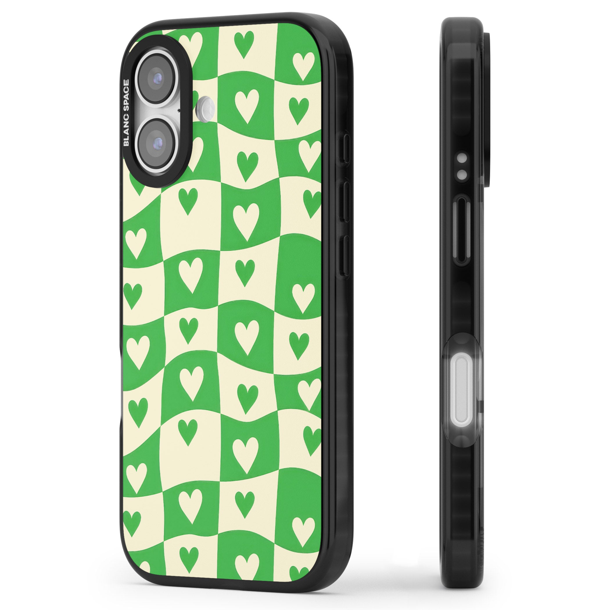 Green Wavy Checked Hearts iPhone 17 Impact Pro Black Phone Case Side Profile