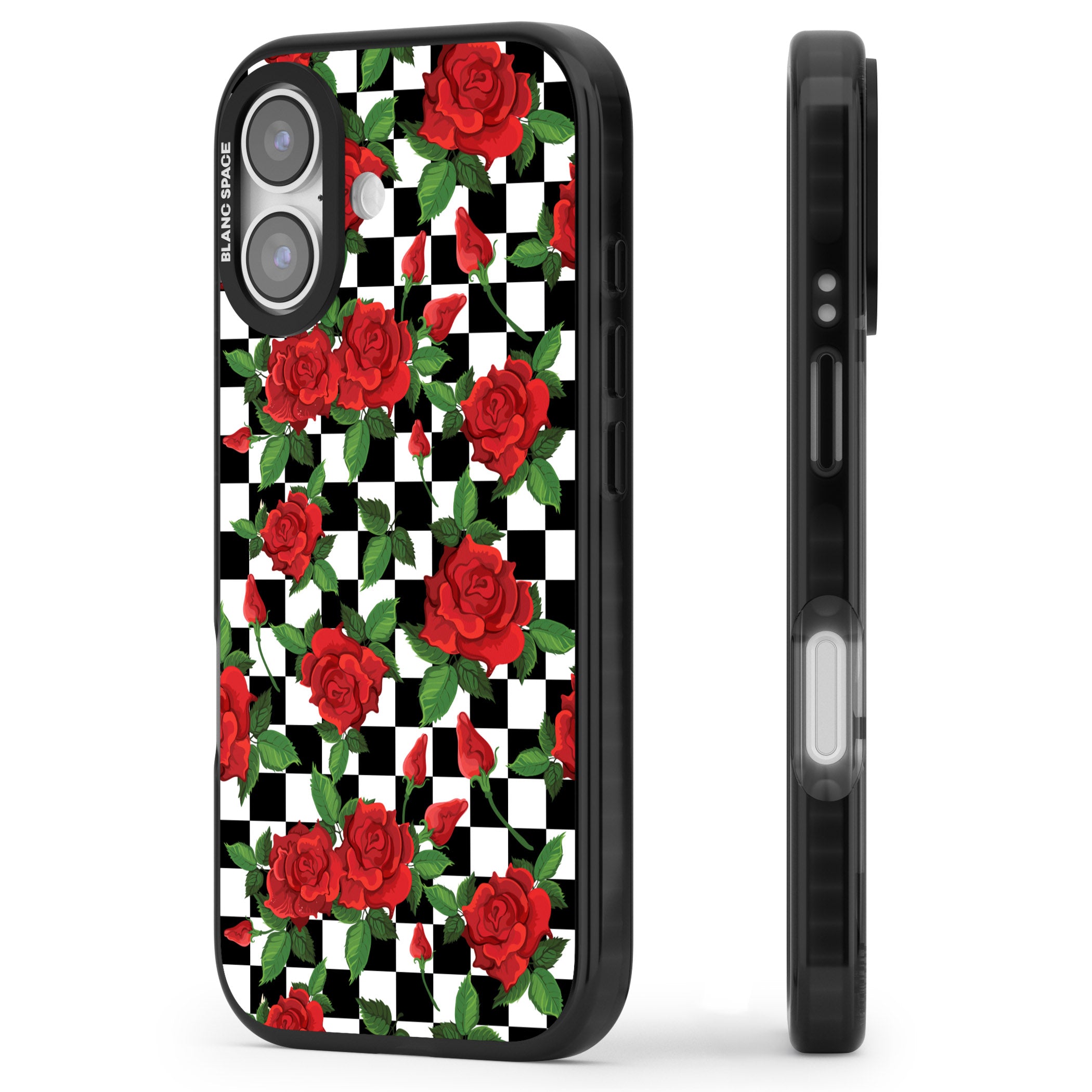 Checkered Roses iPhone 17 Impact Pro Black Phone Case Side Profile